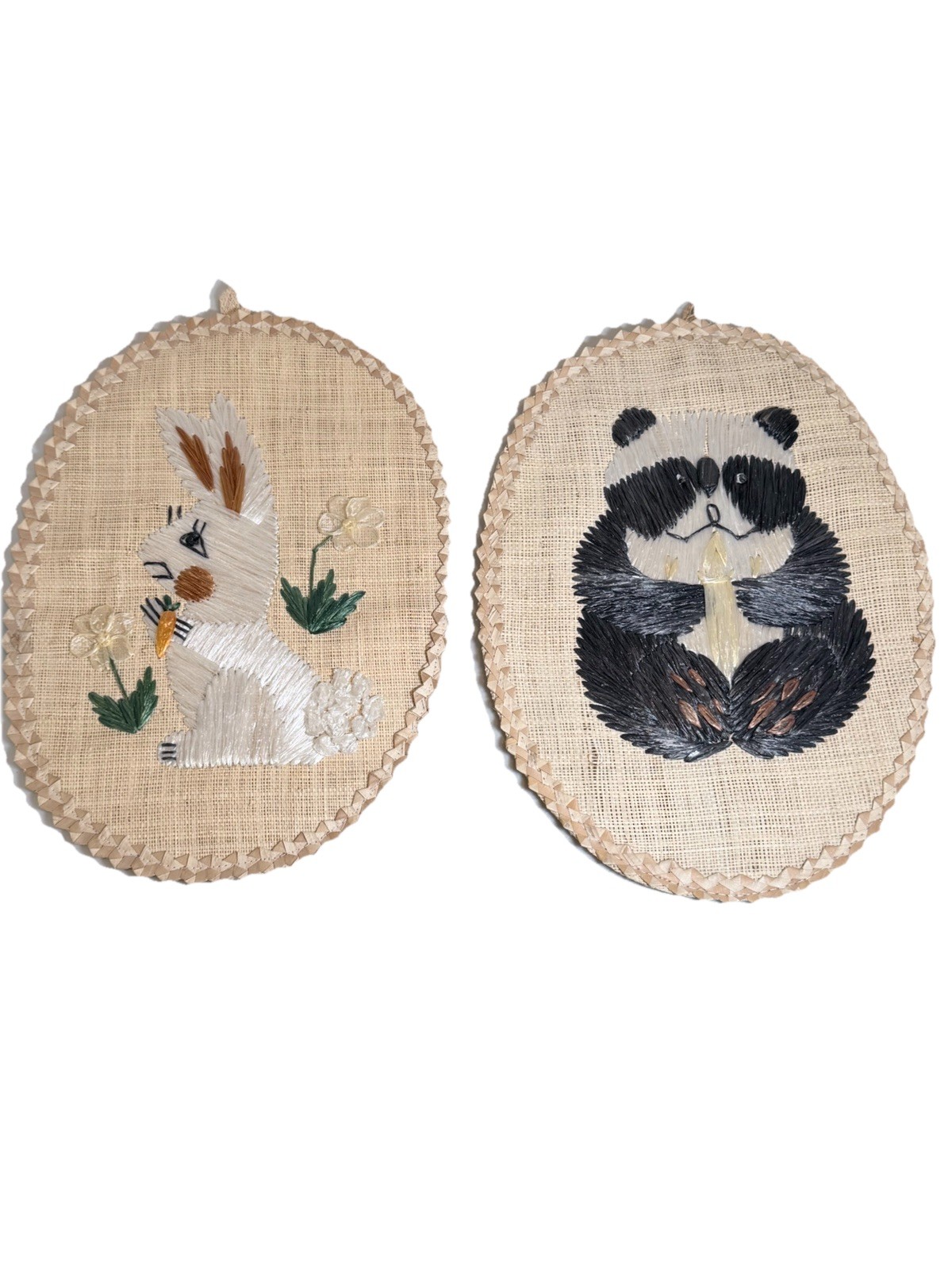 Vintage Panda & Rabbit Nursery Wall Hanging Set Kids Room Animal Decor Boho