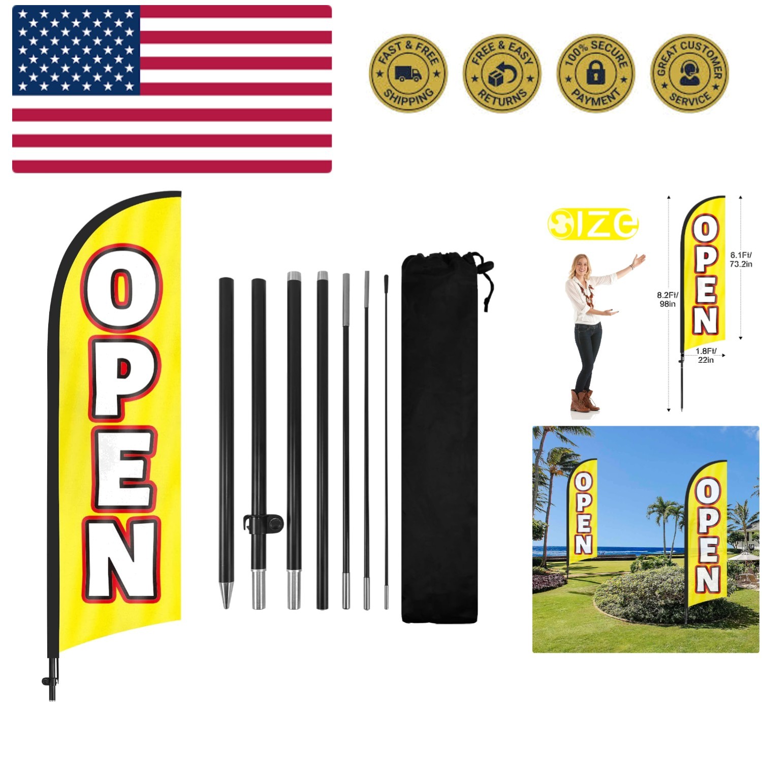 Open Feather Flag with Pole and Ground Stake, 8FT Swooper Advertising Banner ...