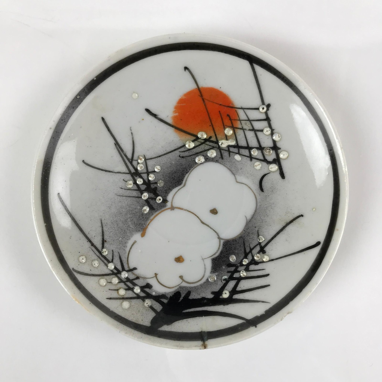 Japanese Porcelain Small Plate Kozara Vtg Plum Blossom Sun Black White PY686