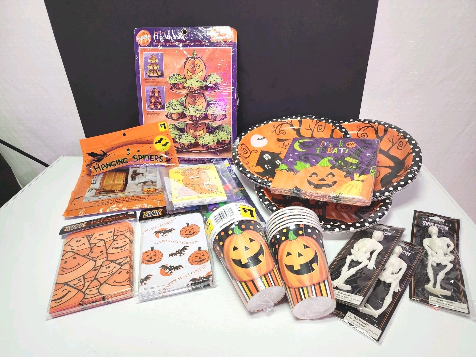 Lot-Kids Halloween Party Pack- Plates Cups Napkins Cupcake Stand And Treat Bags