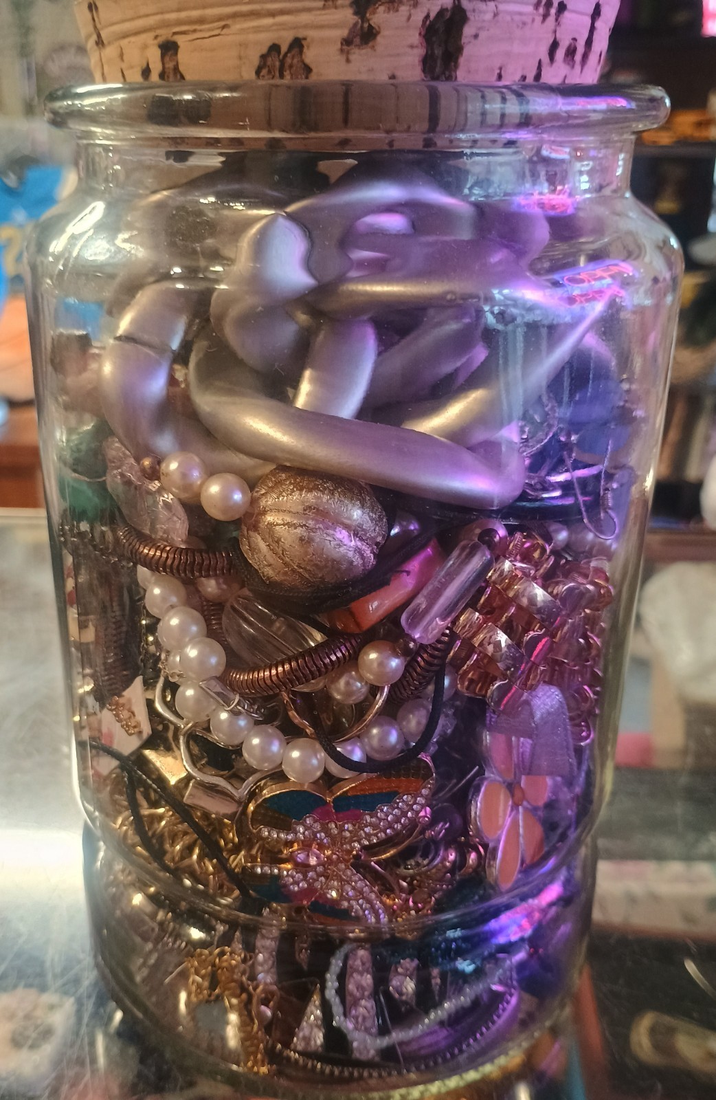 Fashion Jewelry Mixed Lot in Glass Jar Bracelets Necklaces Earrings Rings Brooch