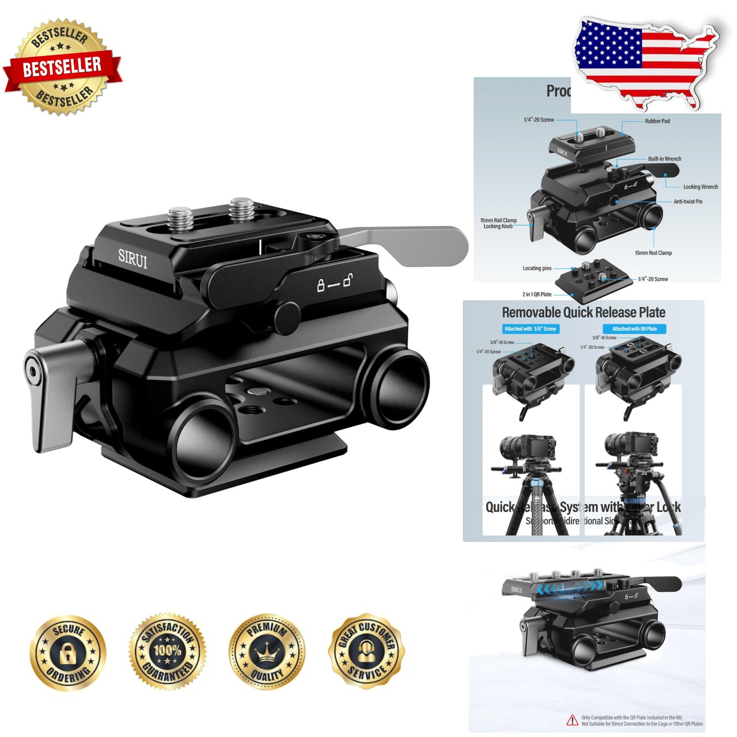 Pro 15mm Rail Support System, Quick Release Plate, Dual Rod Clamps, Tripod Mount