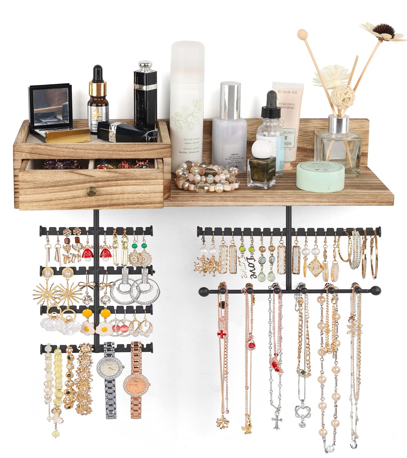 Jewelry Organizer Hanging Wall Mounted Jewelry Holder with Rustic Wood Drawer...