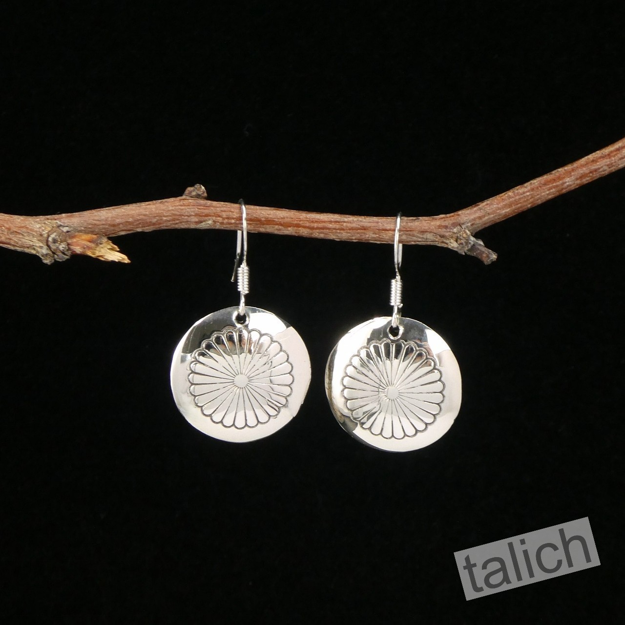 Native American Shiny Sterling Silver Large Round Flower Concho Drop Earrings