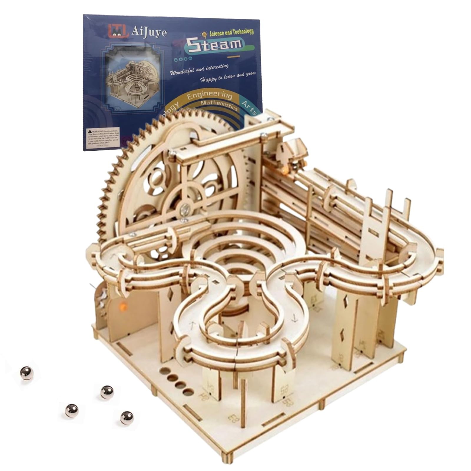 AIJUYE 3D Wooden Puzzles for Adults Marble Run Kit  159pc 4 Steel Marbles Bui...