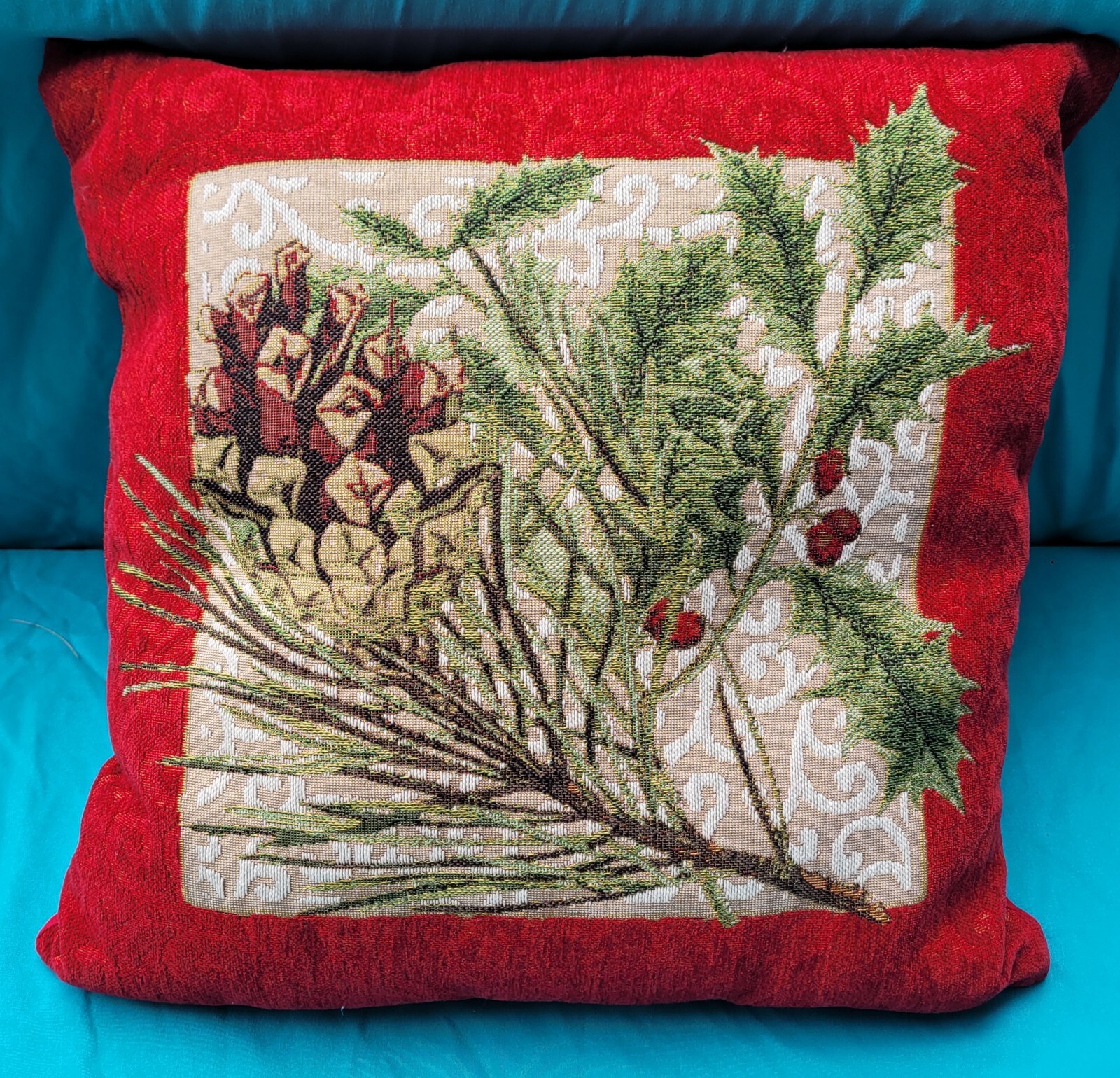 Tapestry Throw Pillow Holly Pine Cone Branches Christmas Red Decoration Sofa