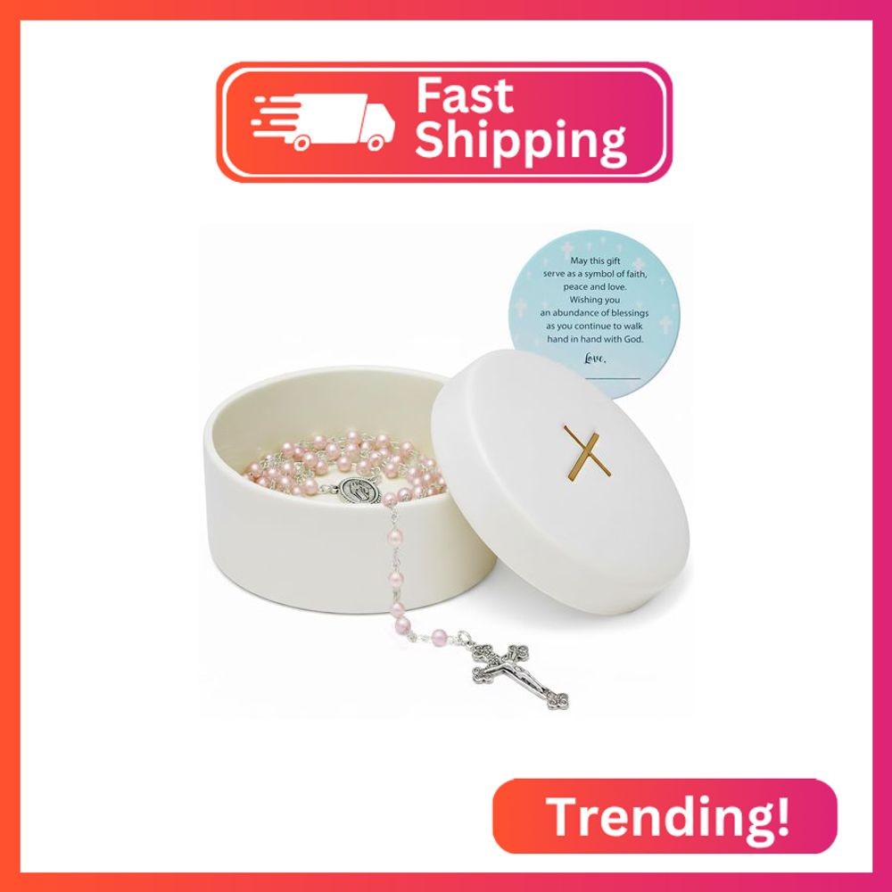 Christening Gifts for Girls – Pink Rosary with Ceramic Rosary Box and Card, Cath