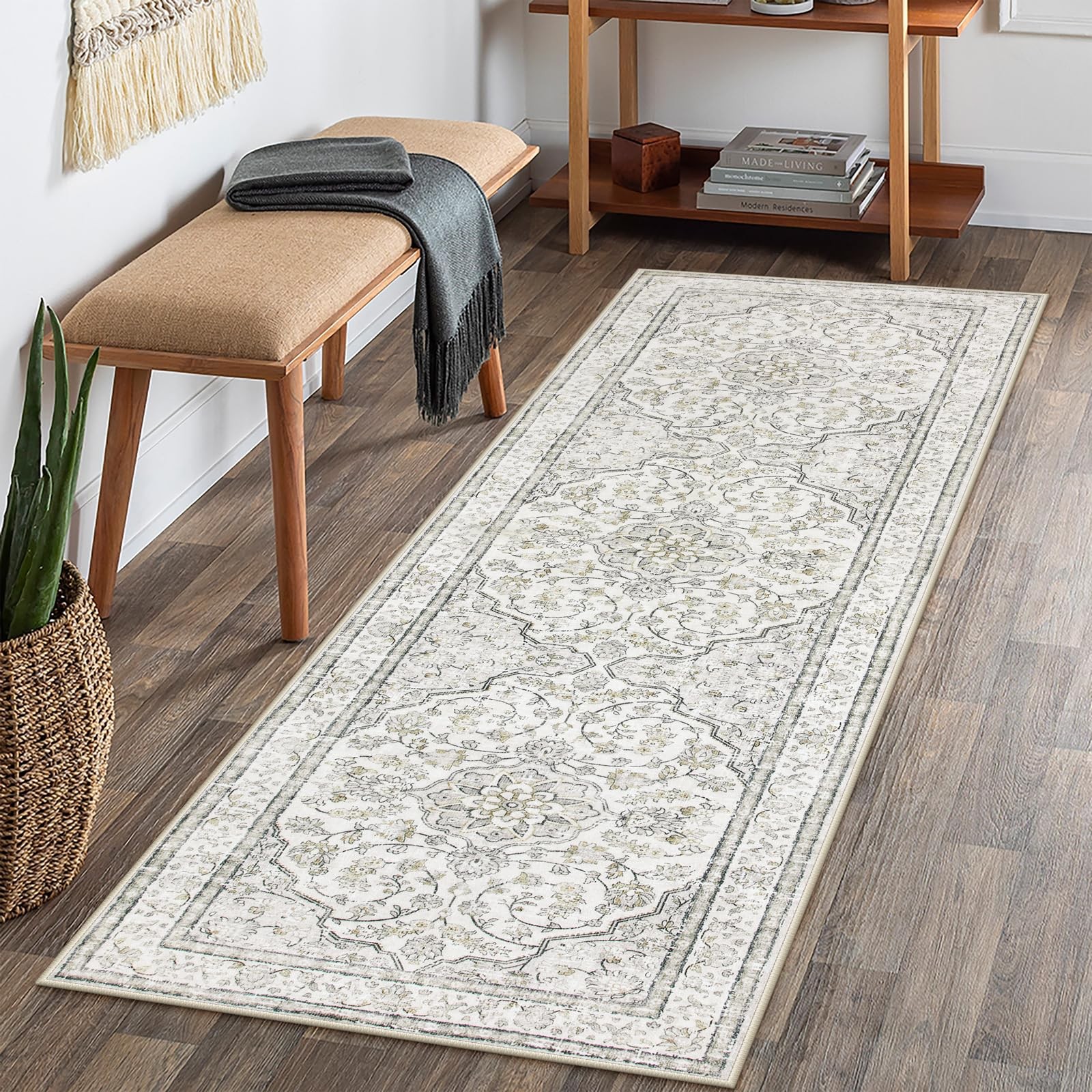 Lahome Oriental Washable 2x6 Beige Kitchen Runner Rug Non-Skid Low Pile