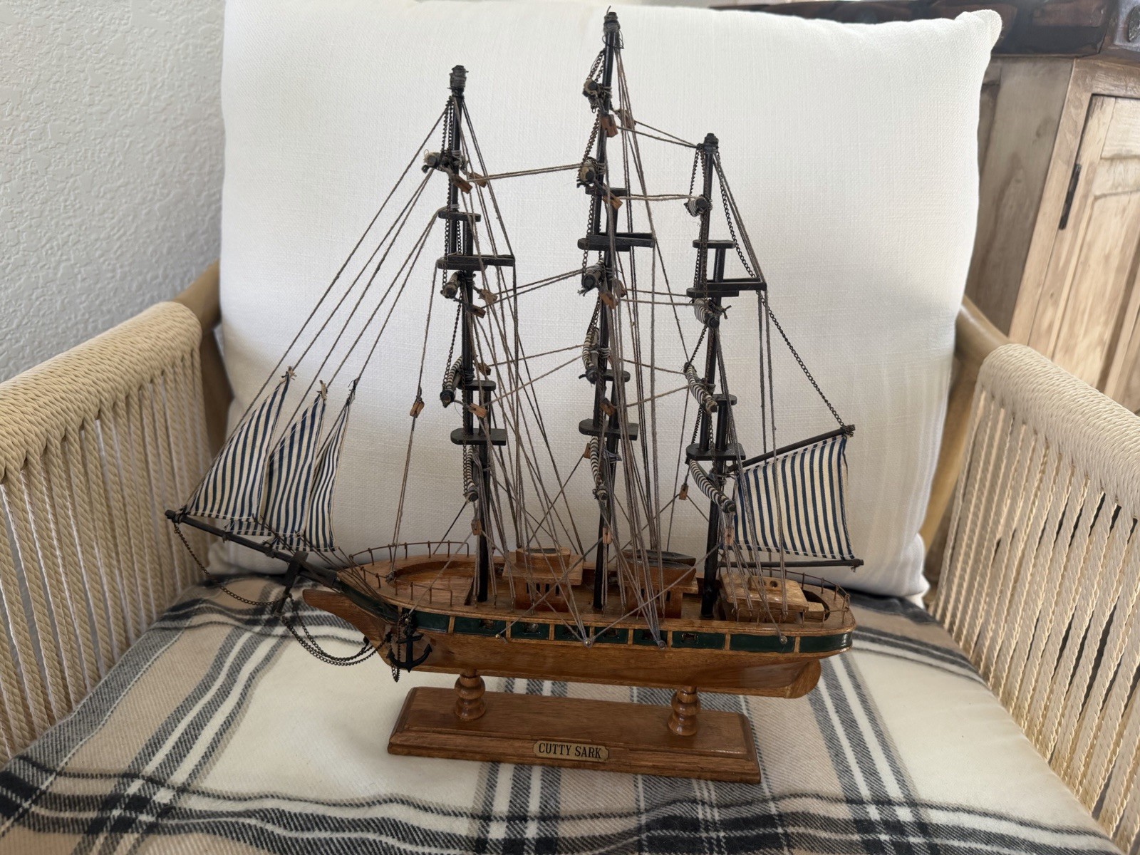 Vintage Wooden Sailing Ship Free Standing  3 Mast Cutty Sark Nautical CLEANED