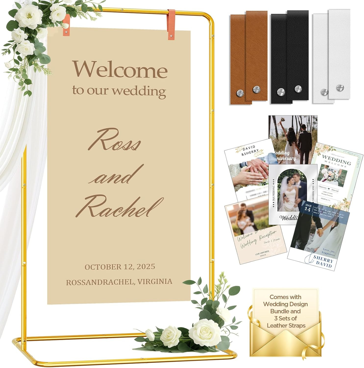 Adjustable 5.7 FT Wedding Sign Holder with Design Bundle and Metal Easel - Gold
