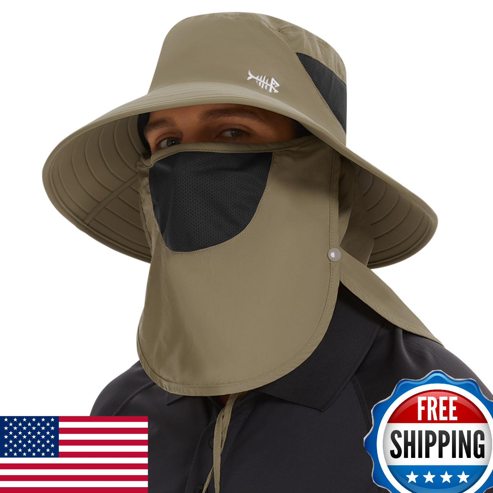 BASSDASH UPF 50+ Sun Hat w/ Removable Face Cover, Neck Flap - Fishing, Hiking