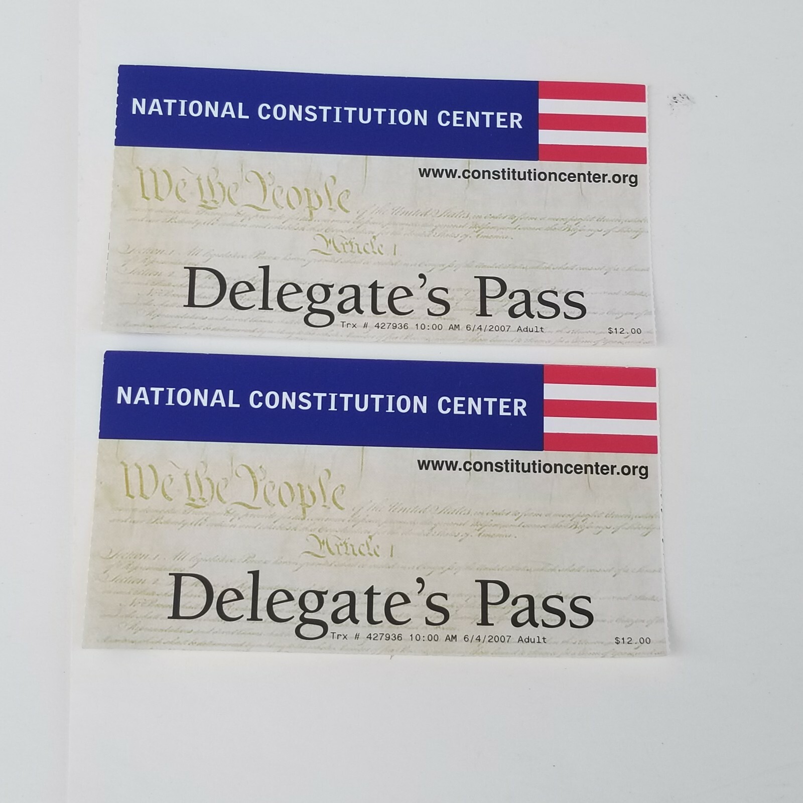 National Constitution Center Delegate's Pass Ticket Stub