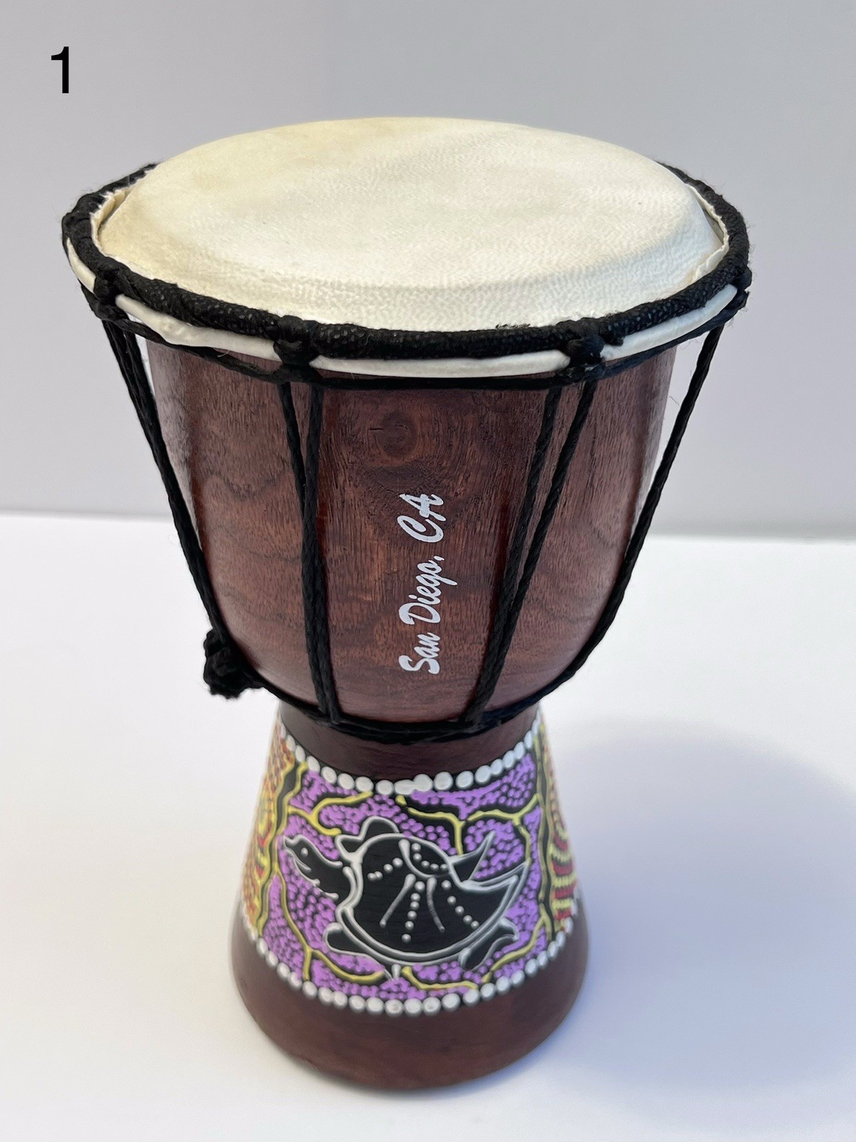 Djembe Hand Drum Painted Turtle Souvenir Tribal Music Boho 9.5x5.5 San Diego,CA