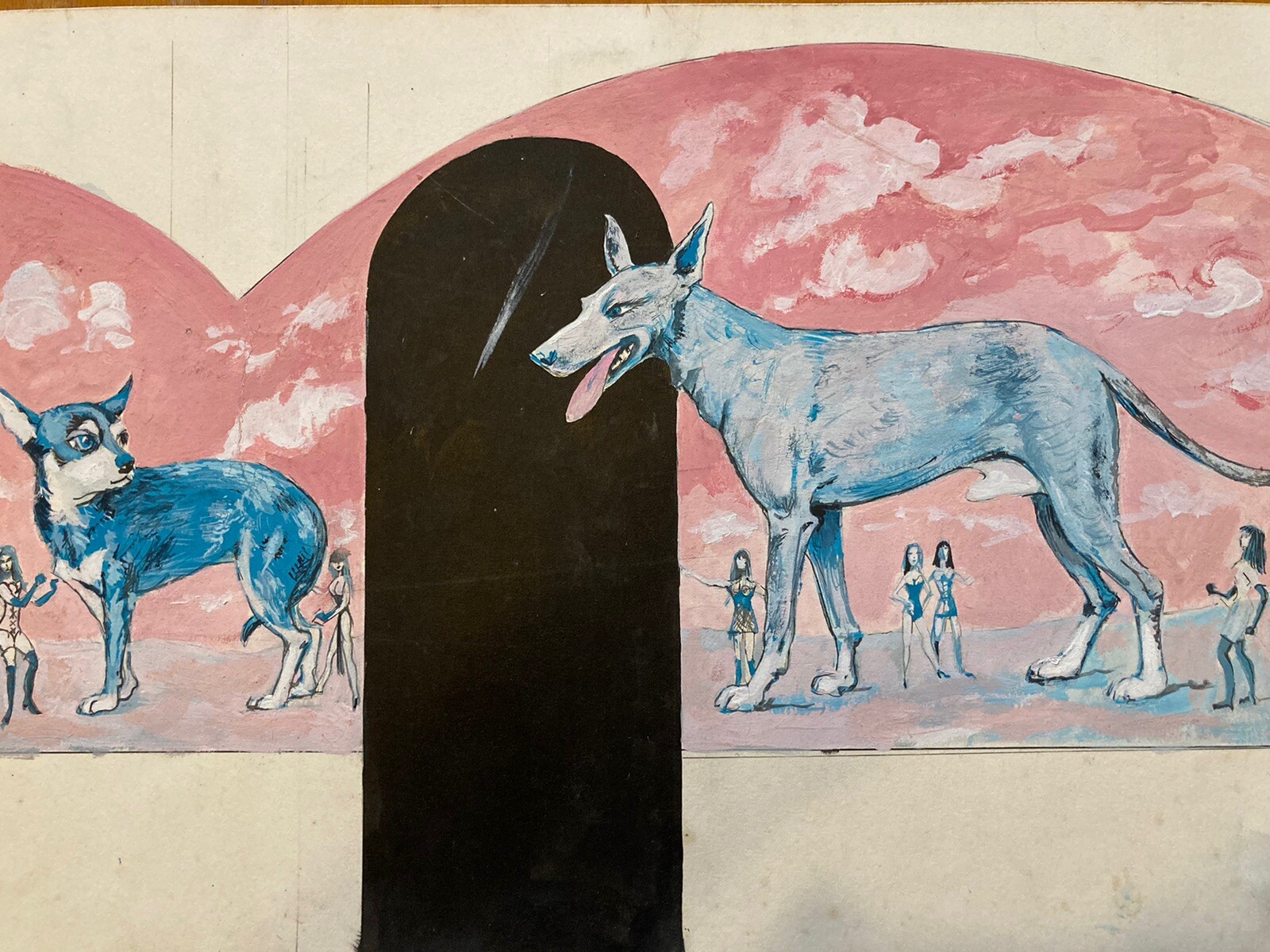 Very Beautiful Surrealist Painting Gouache Paper Cardboard Giant Lilliputian Dog