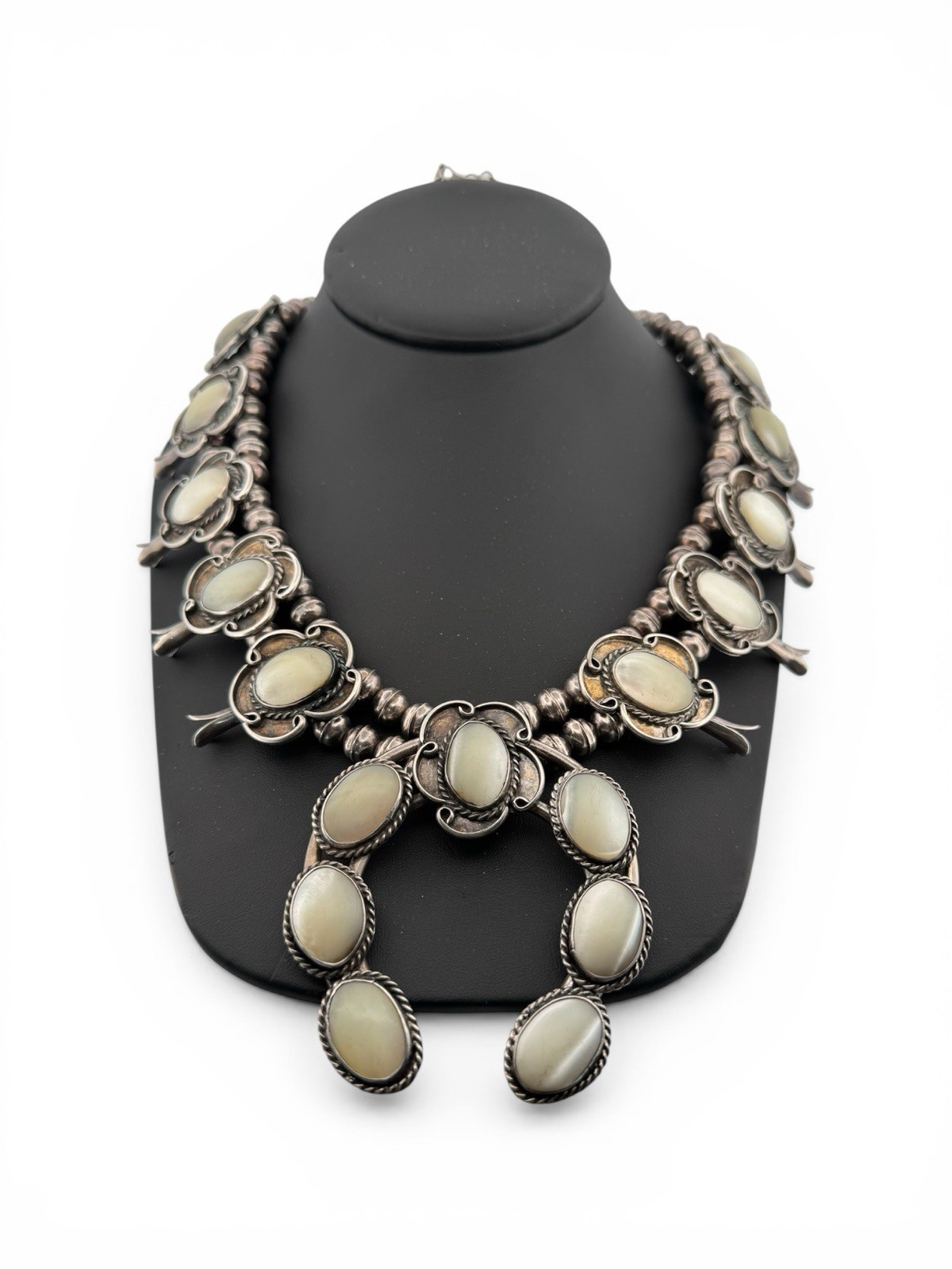 Vintage Native American Squash Blossom Sterling Silver White Pearl Necklace 24”