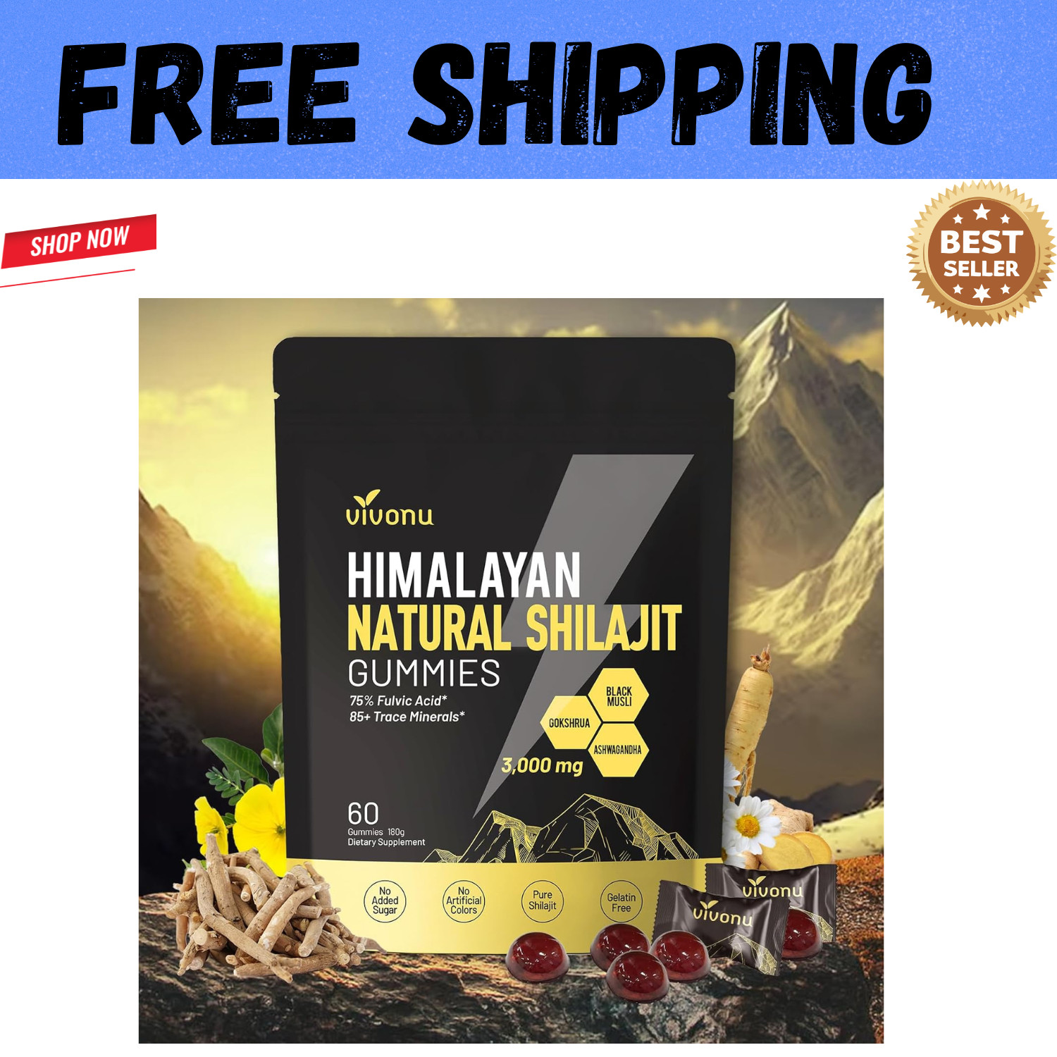VivoNu Himalayan Shilajit Gummies 3000mg, Ashwagandha, Fulvic Acid, 60 Count
