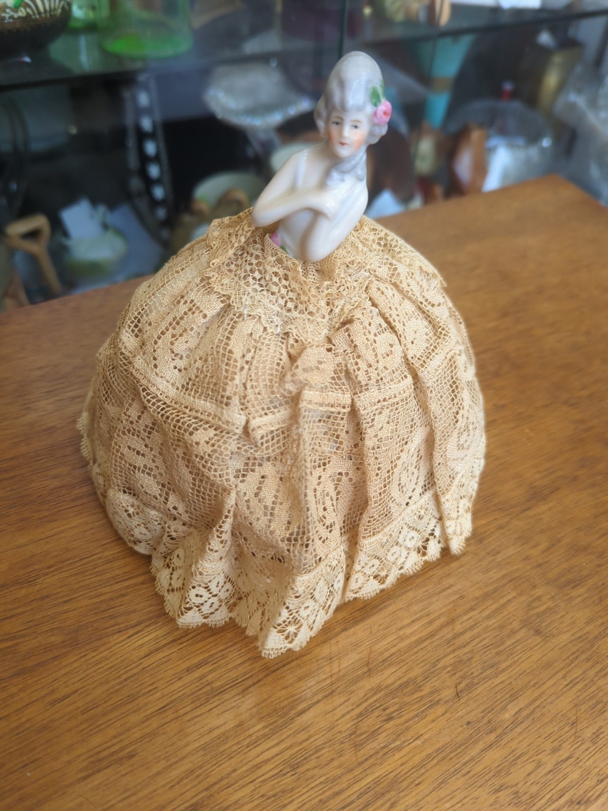 Antique Victorian Half Doll Pin Cushion / Ladies Vanity 