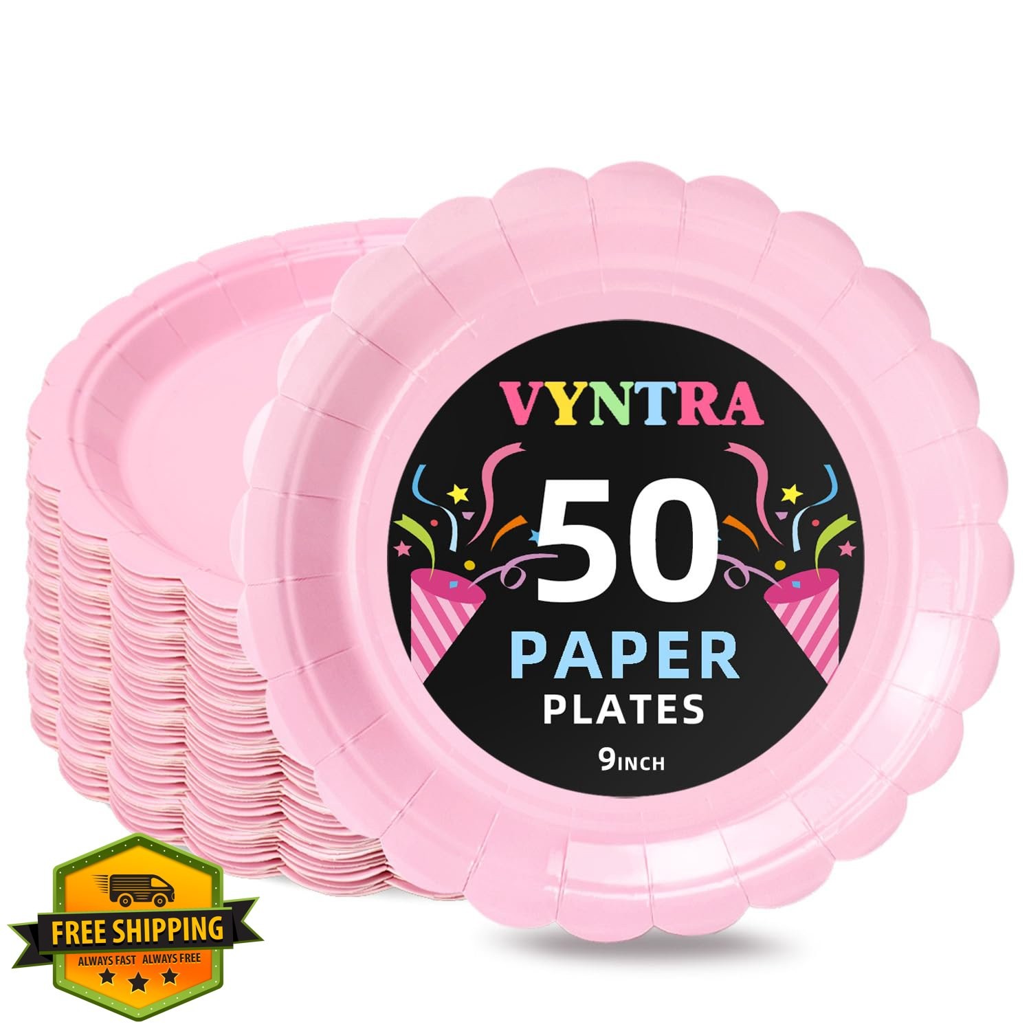 Vyntra Pink 9 Inch Scalloped Paper Plates 50 Count Disposable