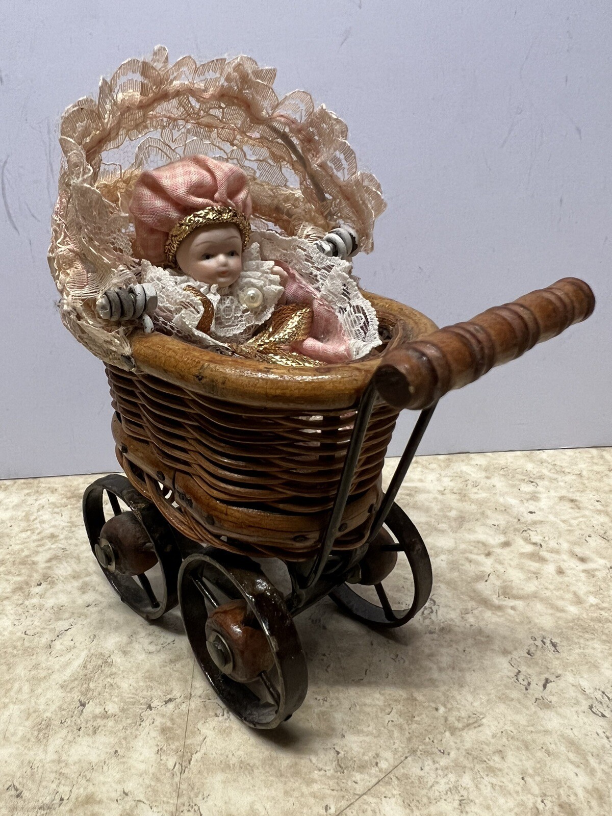 Vintage Wicker Rattan Doll Baby Stroller Carriage Basket With Doll