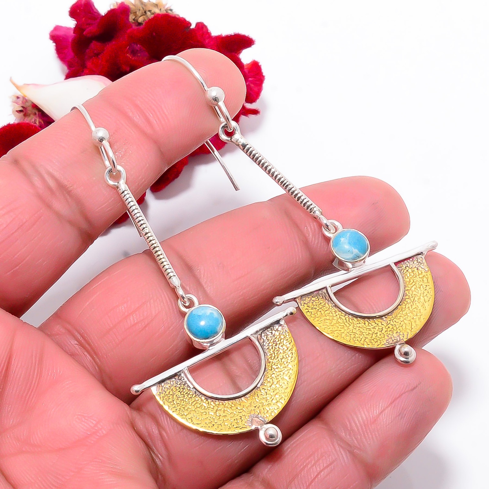 Larimar Gemstone 925 Sterling Silver Textured Two Tone Basket Earring 2.89" Su40