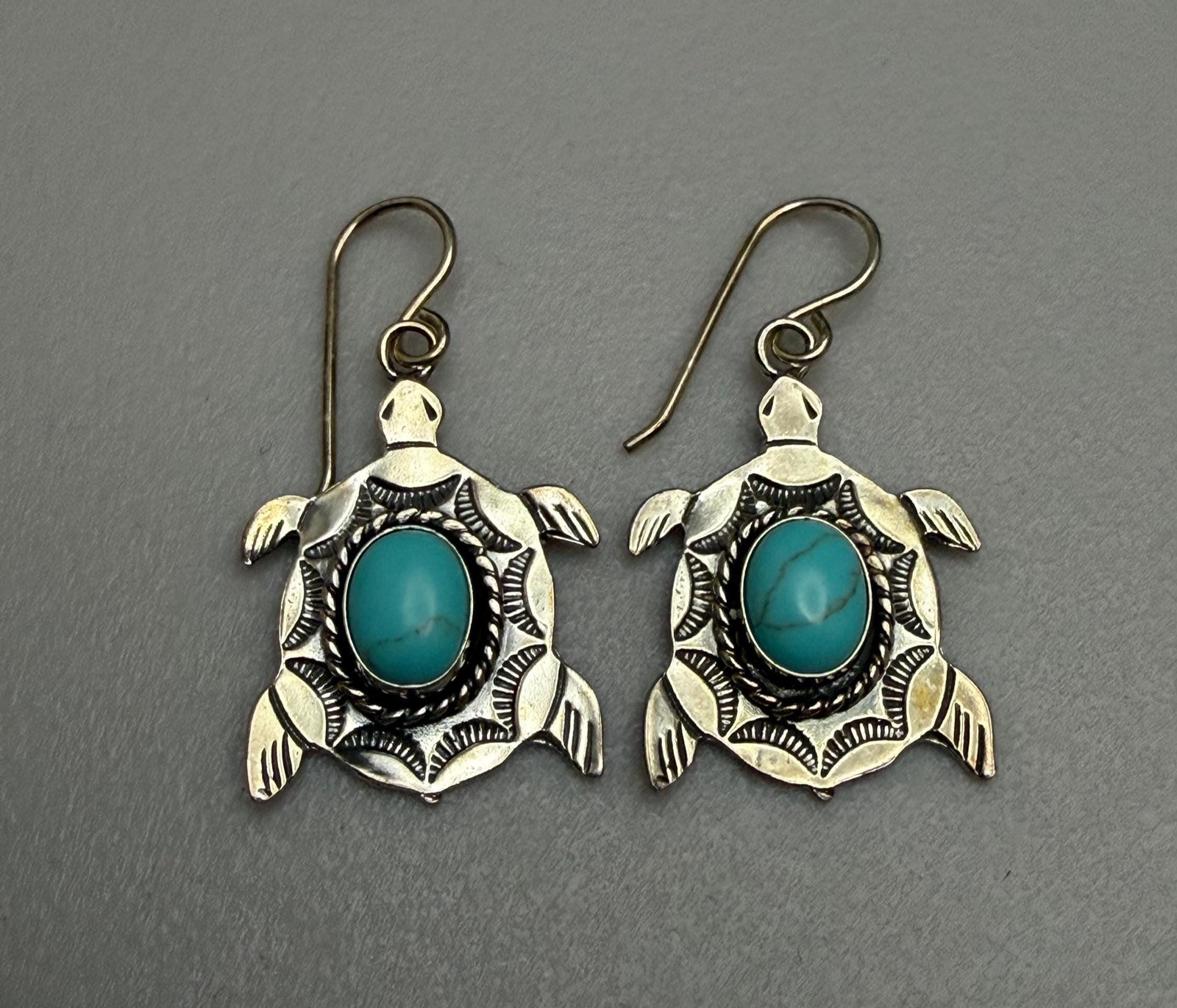 Sterling Silver & Turquoise Southwest Turtle Stamp Work Dangle Earrings