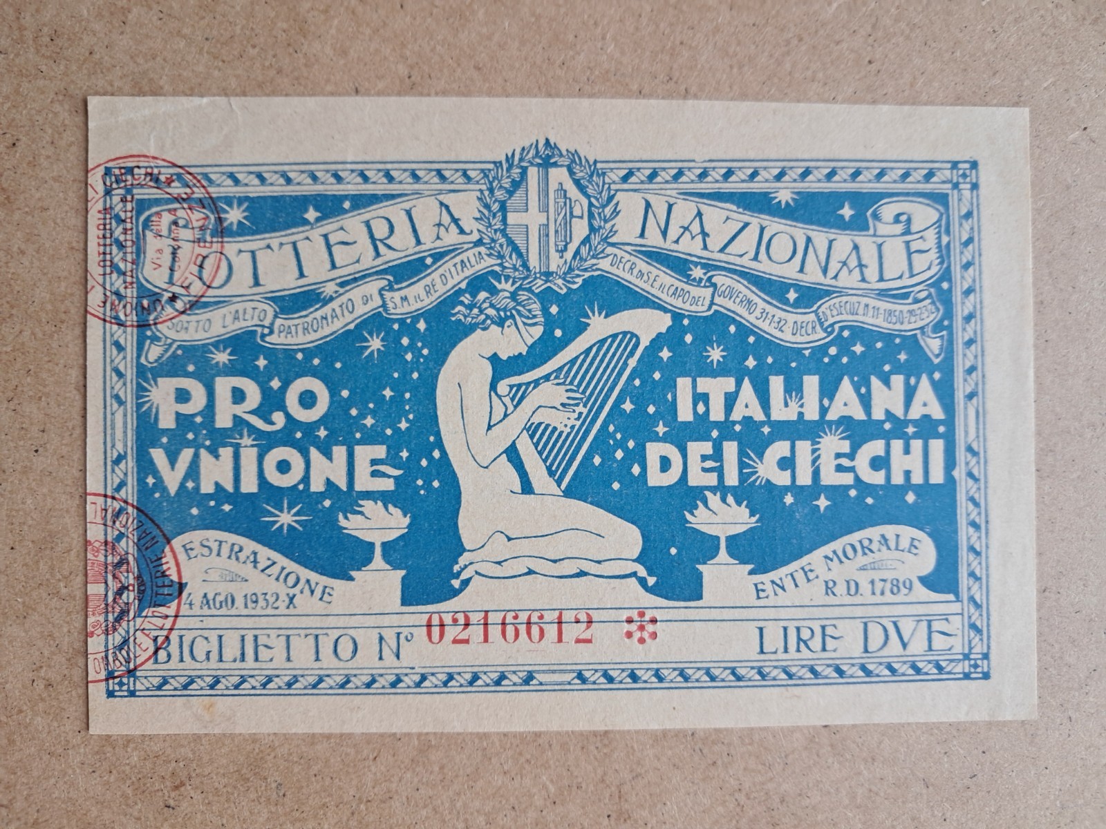 National Lottery Ticket Pro Union Italiana Blind - 1932 - Singer Blue