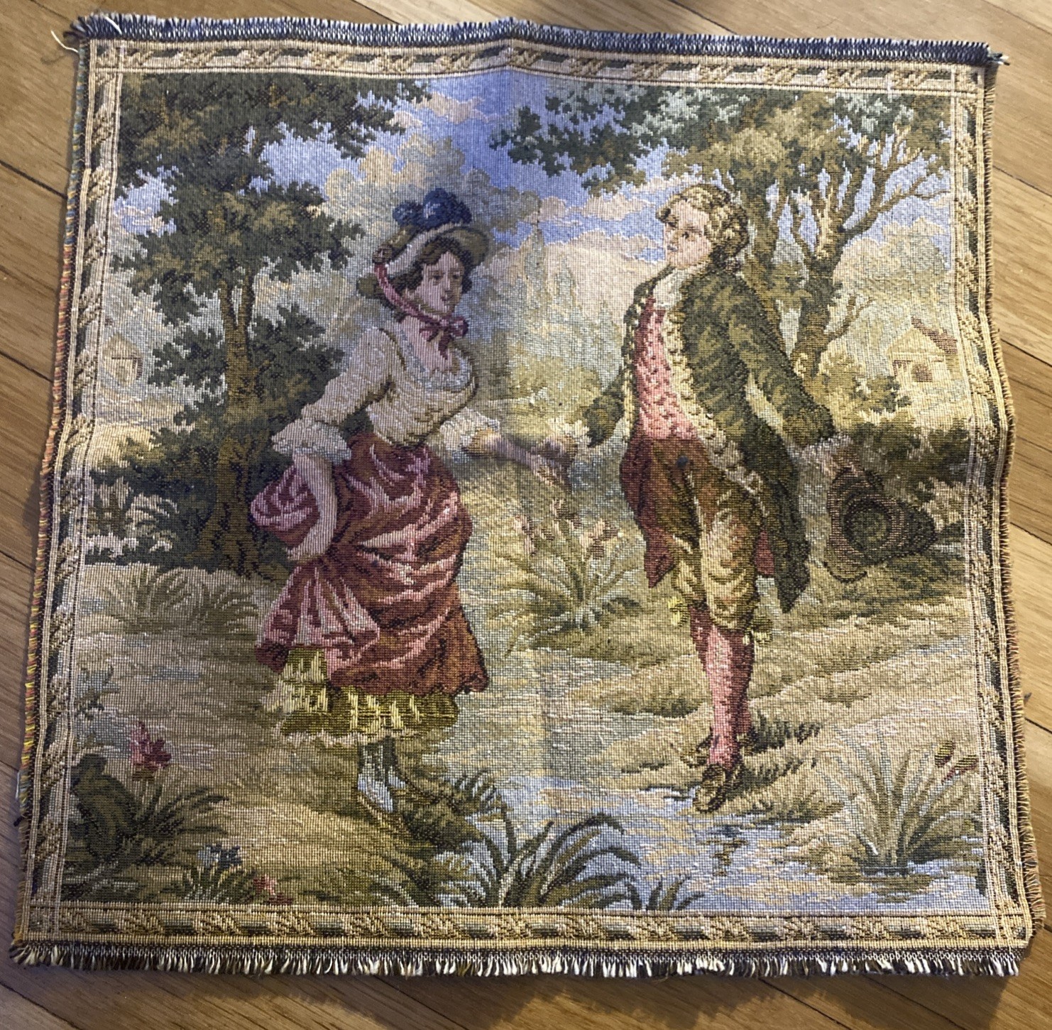 French Antique Romantic Scene Tapestry Made in France, Woven Wall Hanging 13x13
