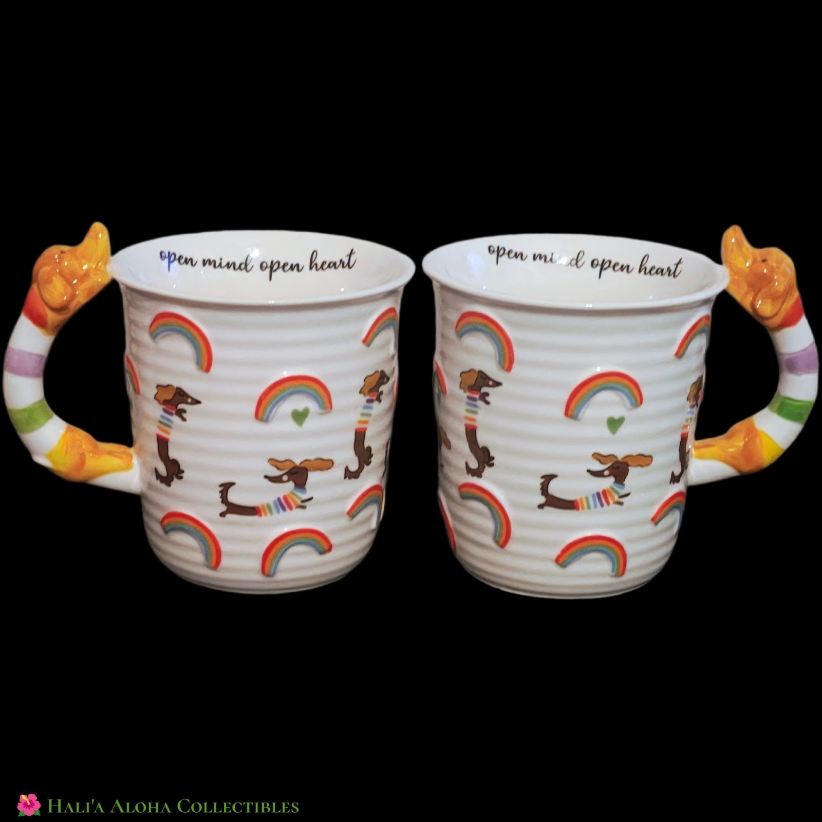 (2) JUMBO 24oz Dog Lover's Dachshund Mugs "Open Mind Open Heart" ~ enVogue Pride