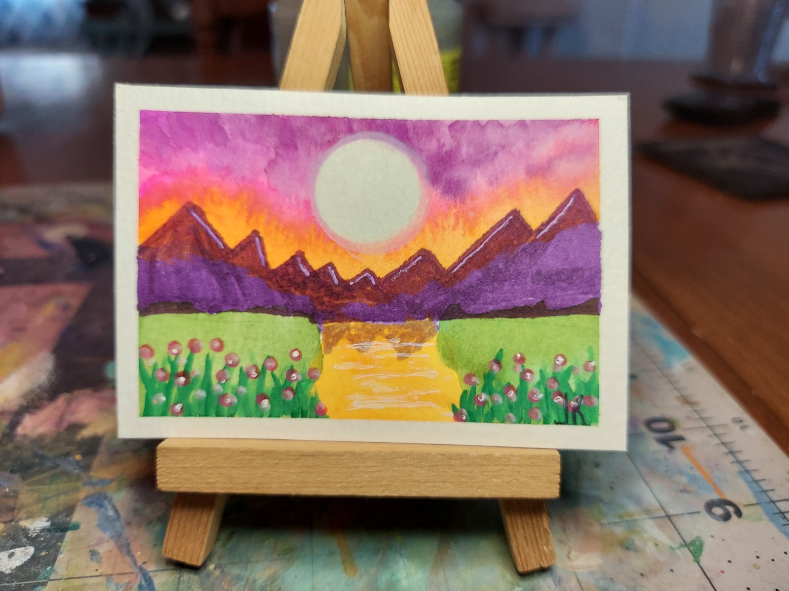 ACEO Watercolor Painting handpainted vivid Neon Skyline Full Moon Landscape  ATC
