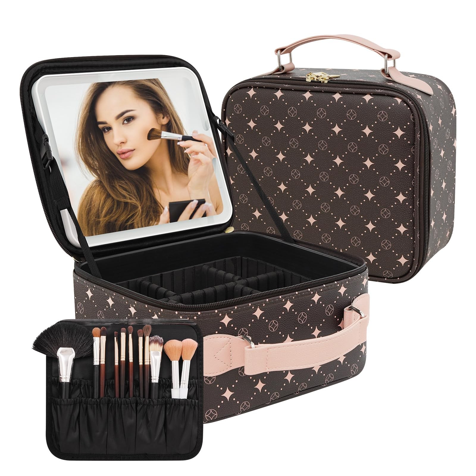Travel Makeup Bag w/ 360° Rotating LED Mirror, Waterproof Cosmetic Organizer