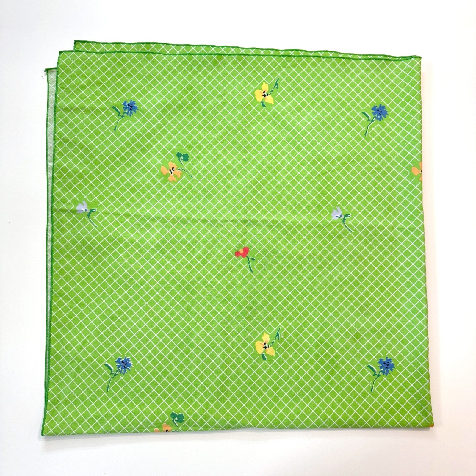 Vintage Green Floral Grid Plaid Cotton Fabric 52" Square Tablecloth Decor 1970s