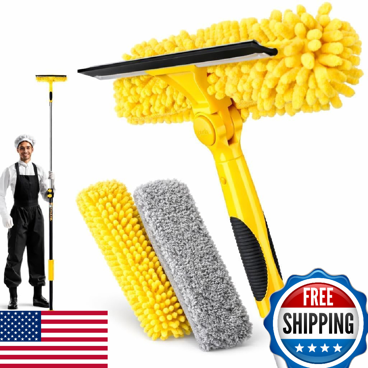 18FT High Reach Window Squeegee & Washer Kit w/ Extension Pole 2-in-1