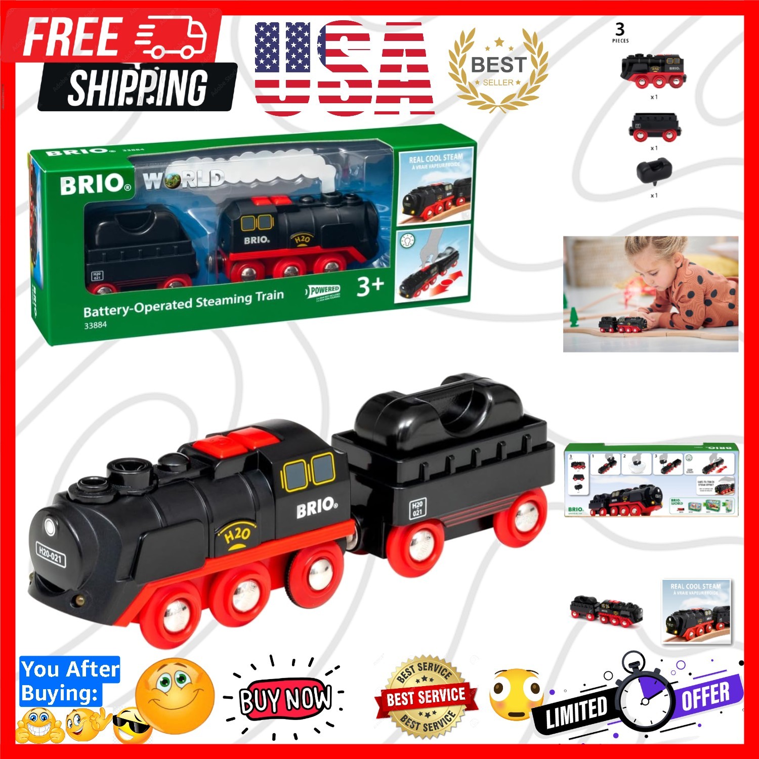 World Battery-Operated Steaming Train - 3-Piece Motorized Train Engine for Wo...