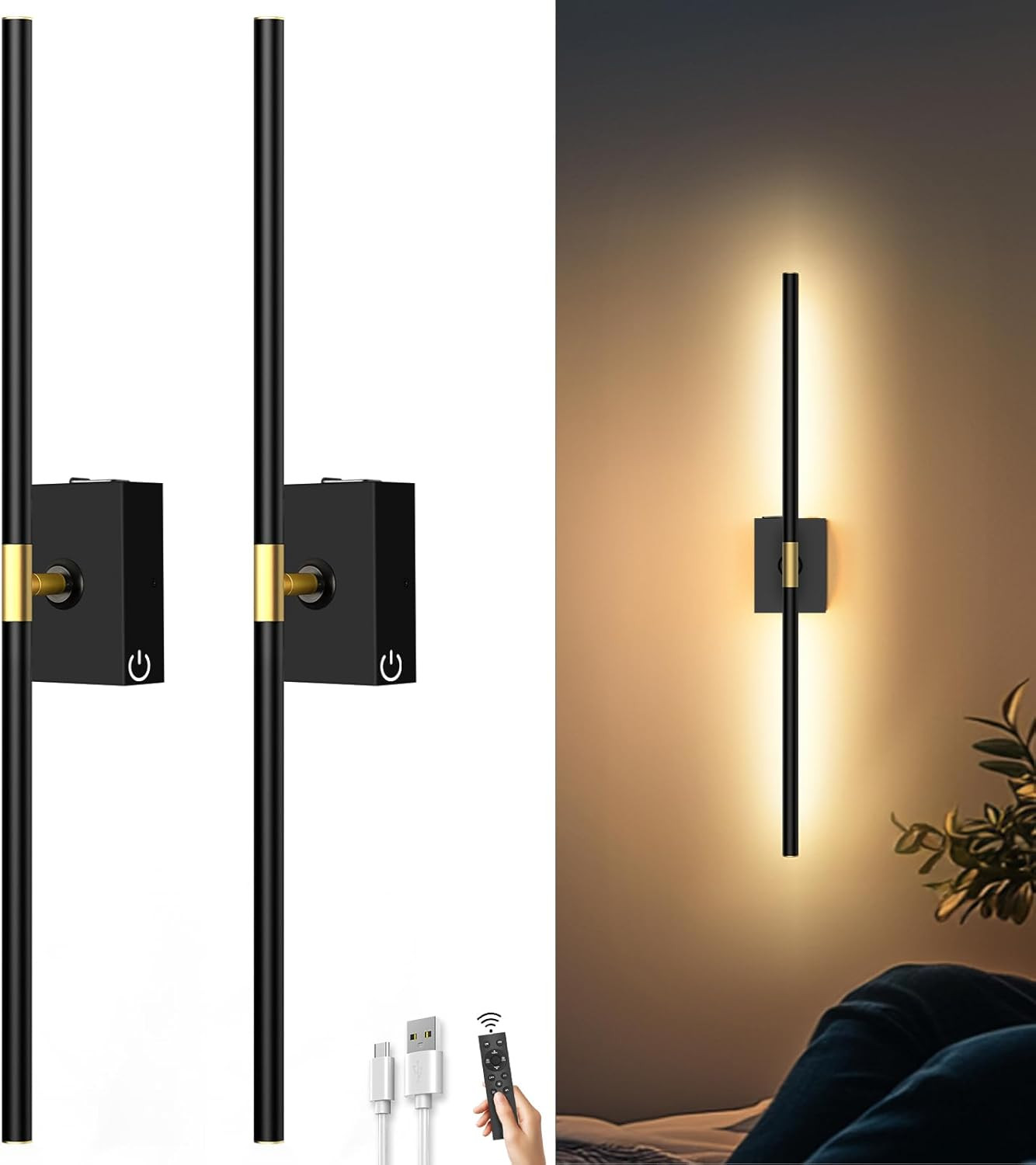 Battery Operated Wall Sconces Set of 2: 10000Mah Rechargeable Wall Lights with R