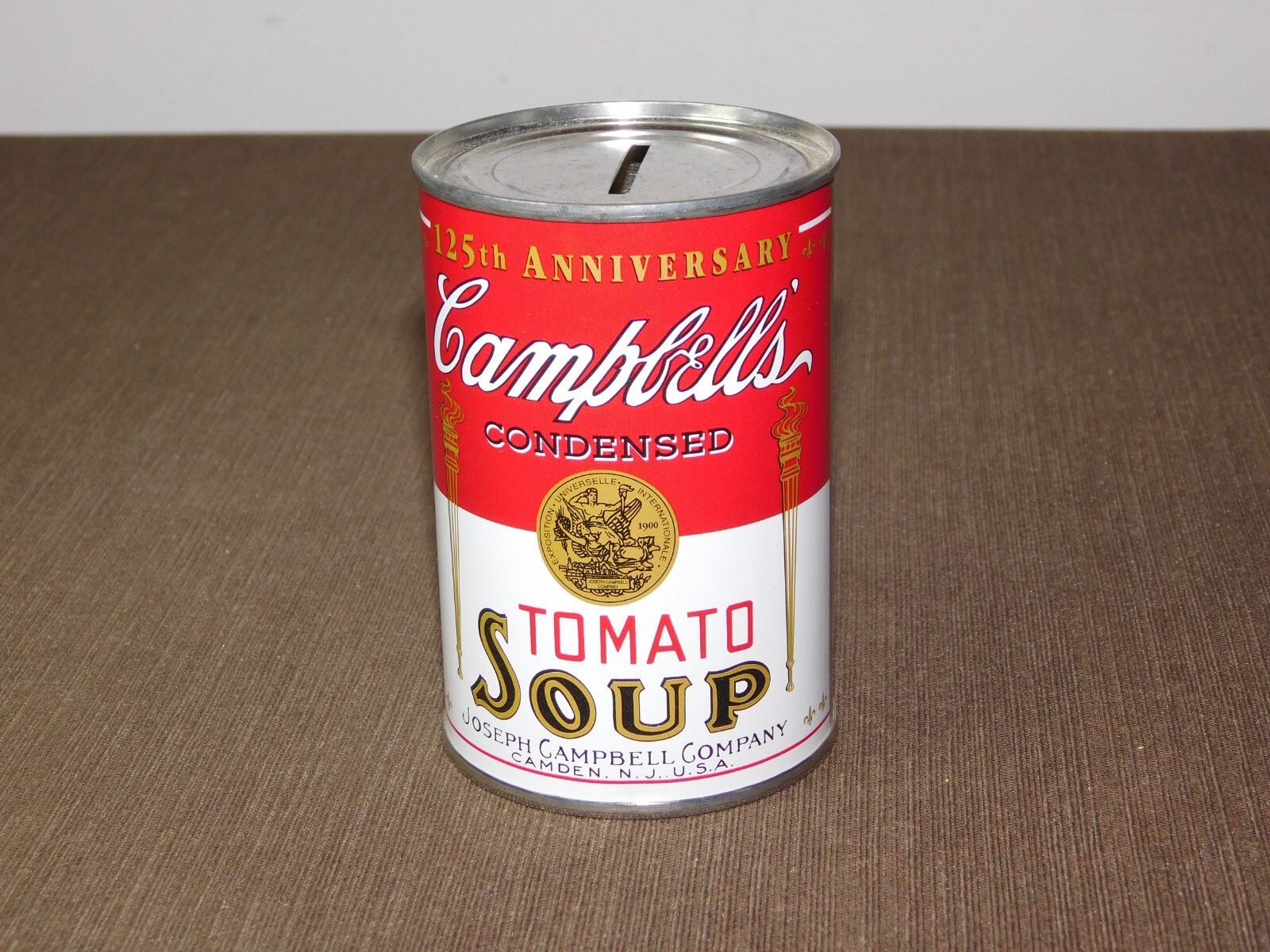VINTAGE 4" HIGH CAMPBELL'S TOMATO SOUP 125th ANNIVERSARY 1994 TIN CAN COIN BANK