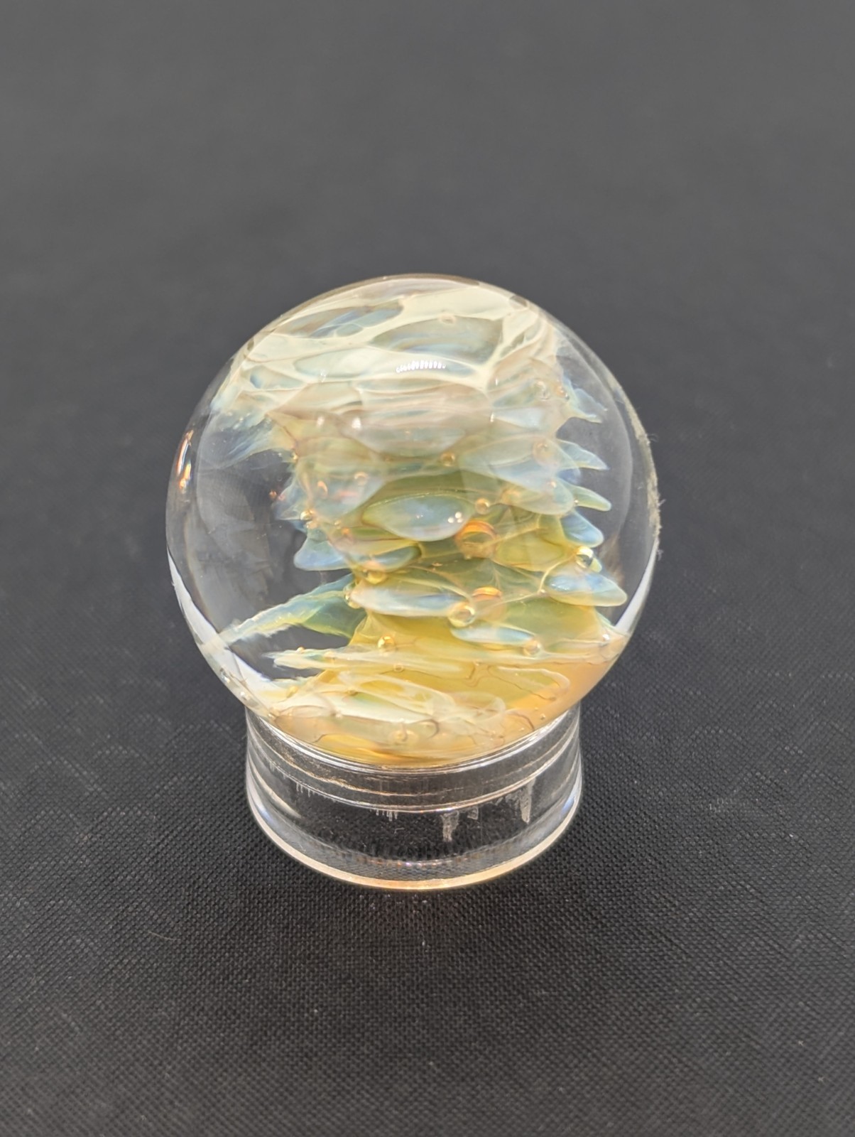 Handmade Glass Marble Iridescent Blue & Yellow Implosion Art 22mm COTTAGECORE