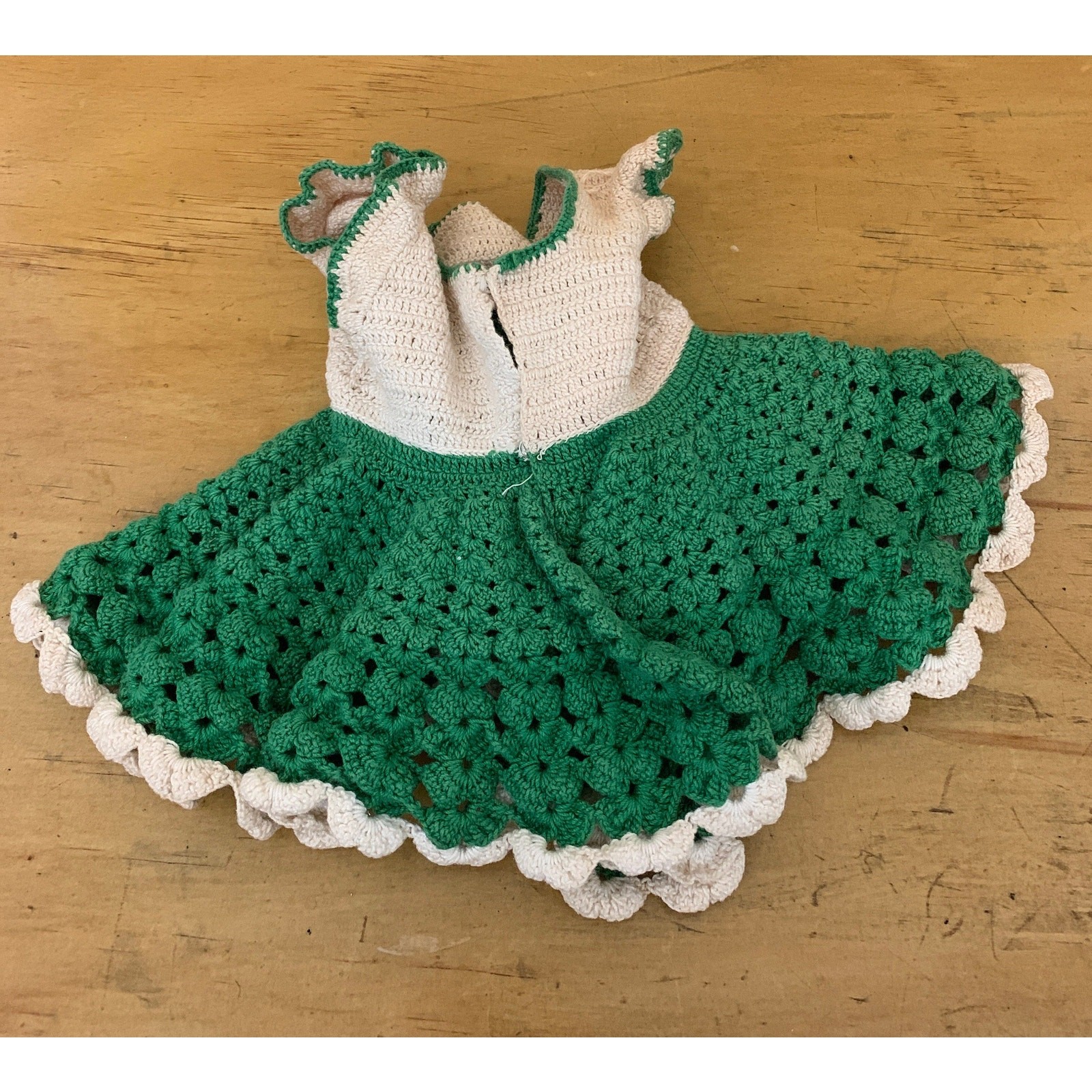 Vintage Doll Dress 8” Long White and Green Button Top