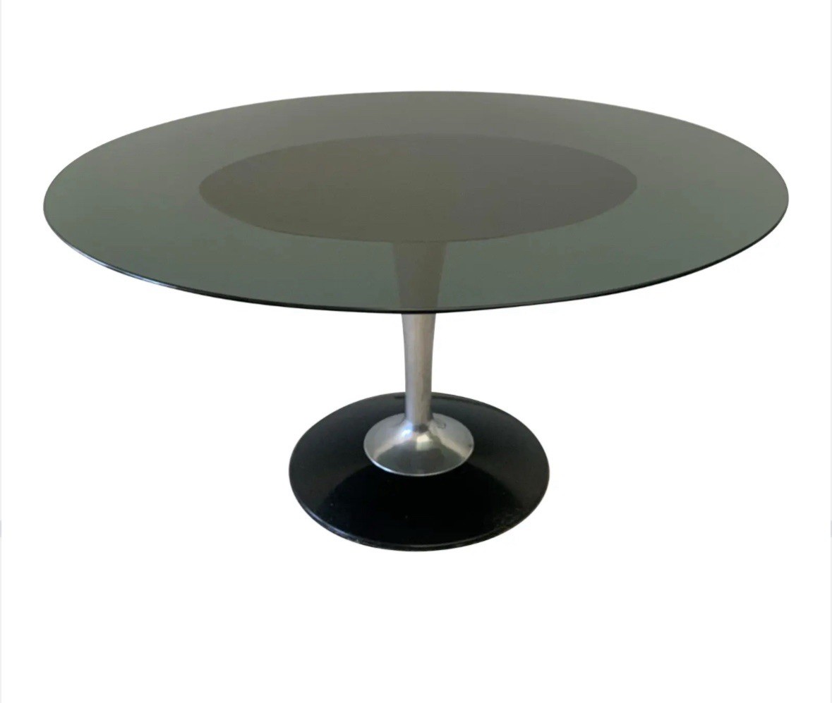 Vintage Mid Century Chromcraft Oval Tulip Table Thick Smoke Glass 60”x45” 29”H