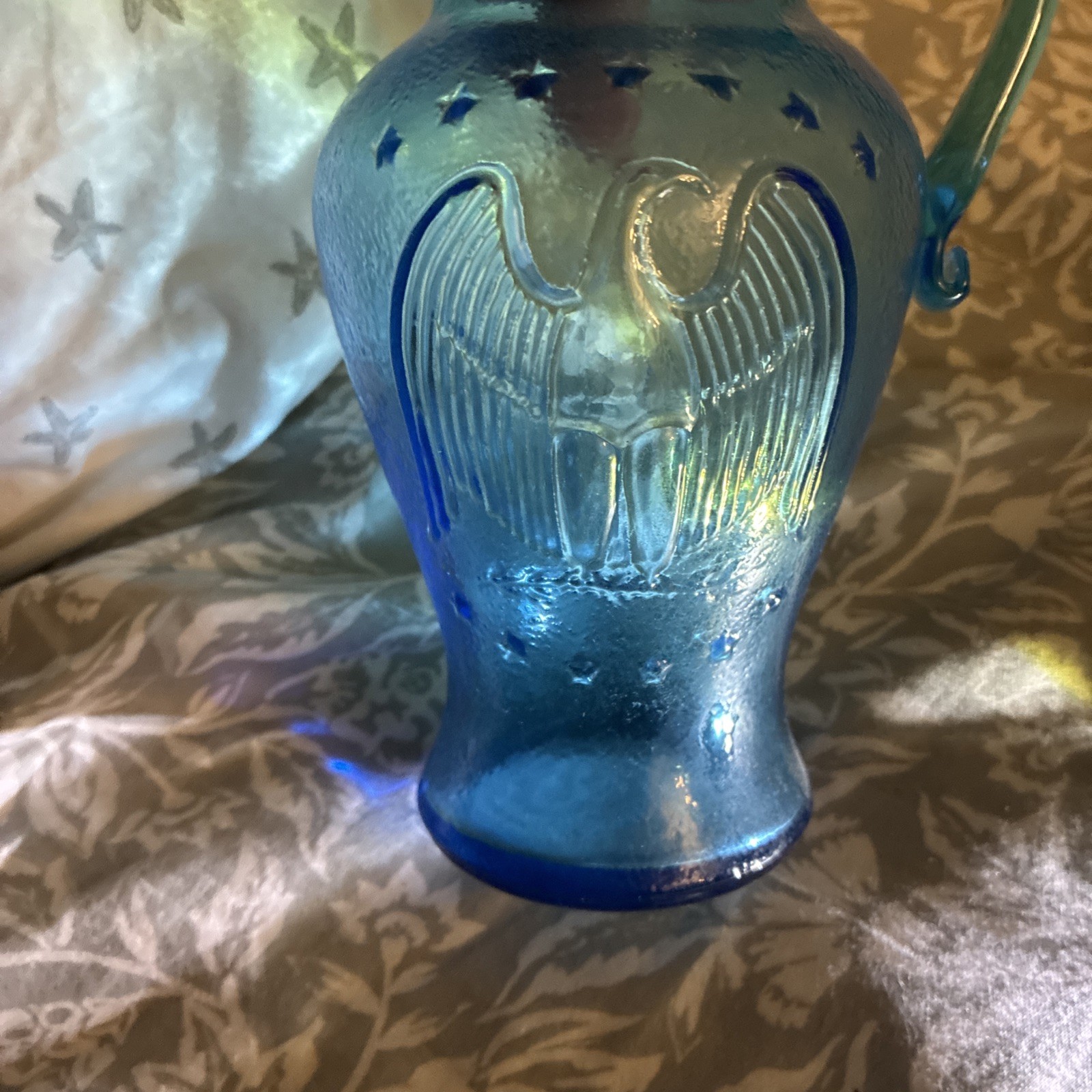 vintage Kanawha Dunbar Art Glass pitcher blue, embossed eagle/stars pattern