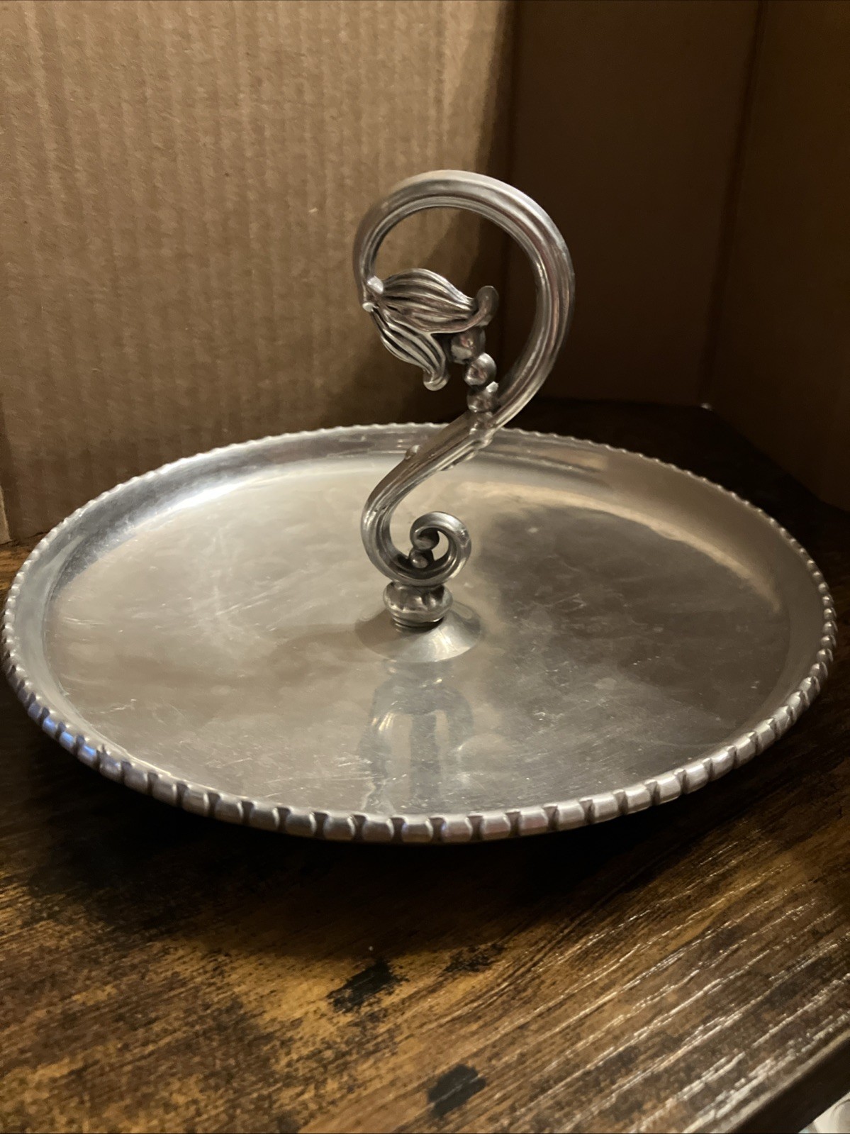 Vintage Farberware Wrought Aluminum Serving Dish 8” Dia Tulip Handle Brooklyn NY