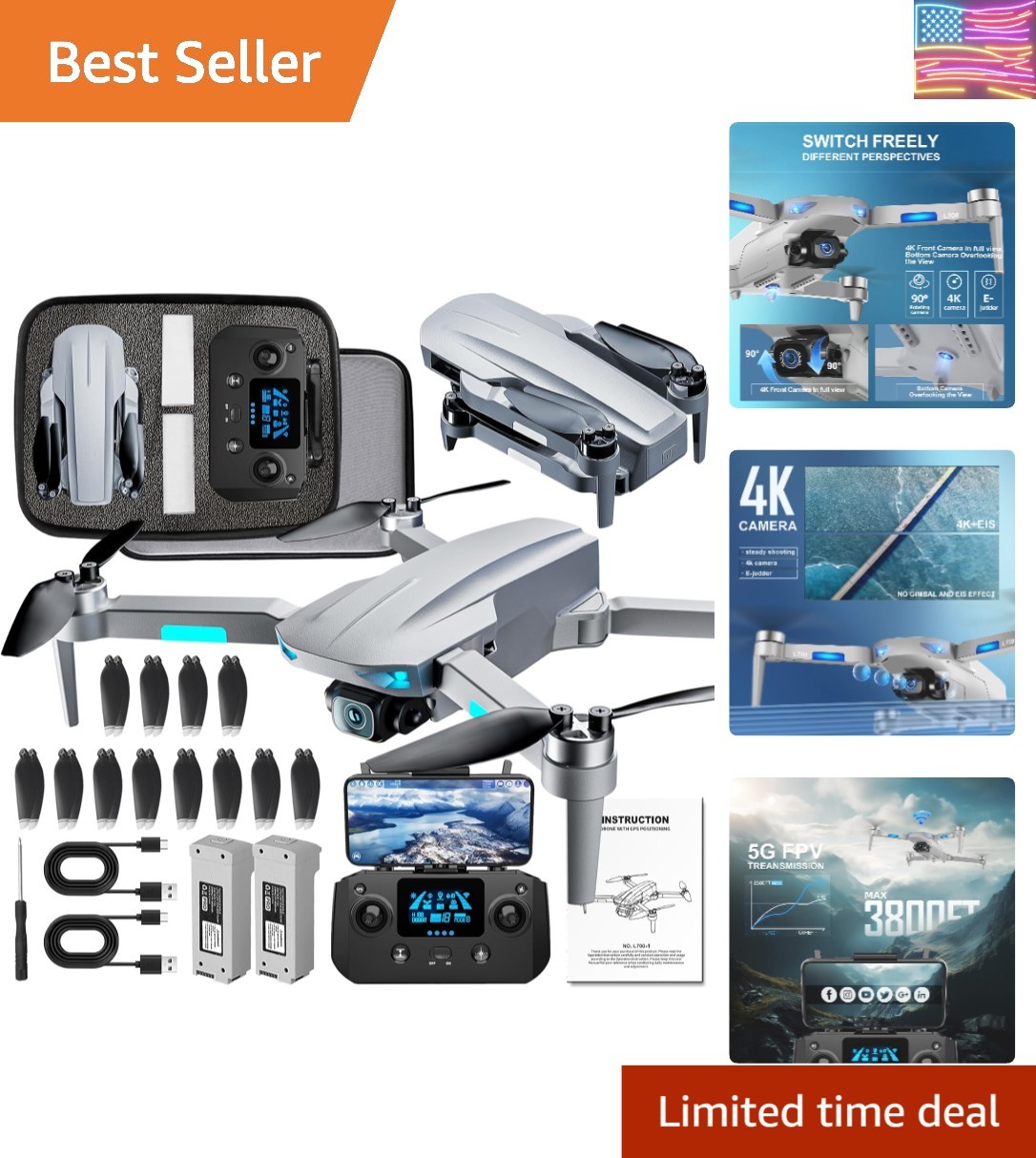 GPS Drones with Camera for Adults 4k, 50 Mins Flight Time, Under 249g, 3800ft...