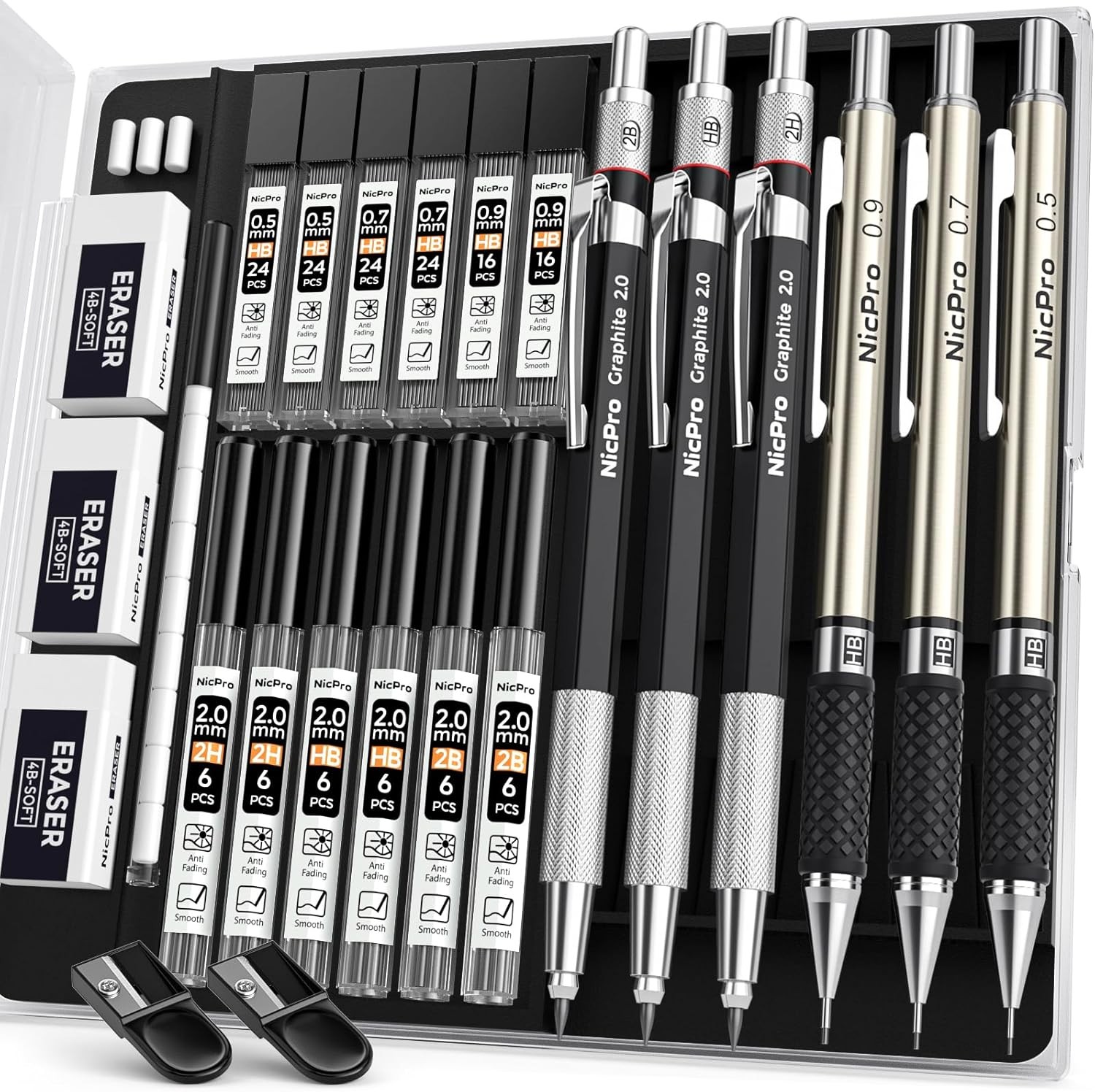 Nicpro 6PCS Art Mechanical Pencil Set, 3PCS Metal Drafting Pencil 0.5 mm & 0.7 m