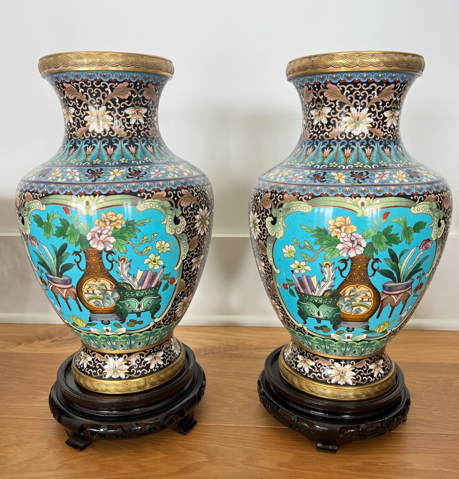 Large 15.5"  Cloisonne vases with wood stands 1970's