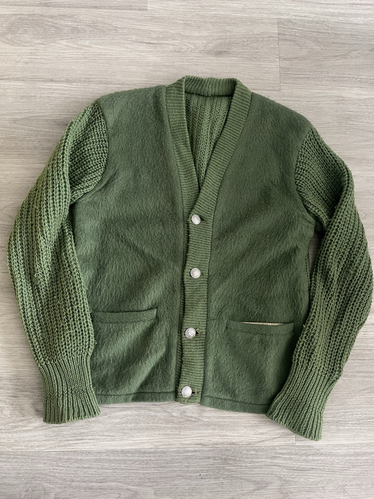 VTG 1960s Mohair Wool Cardigan Cable Knit Sweater Green Size M