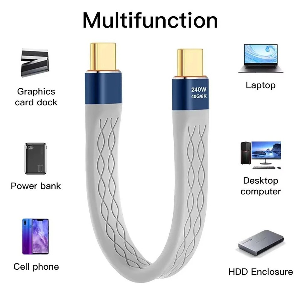 USB-C to USB-C Flat Cable 240W Fast Charge 40Gbps 8K Slim Short