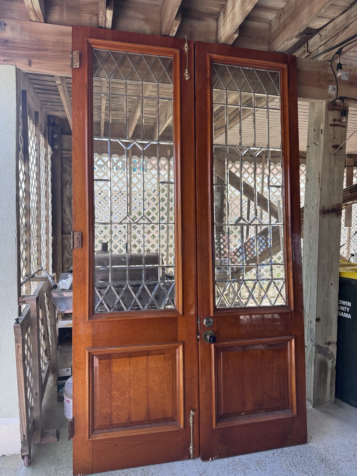 Pair Leaded And Beveled  Glass 9’ Entry Doors With Baldwin Hardware