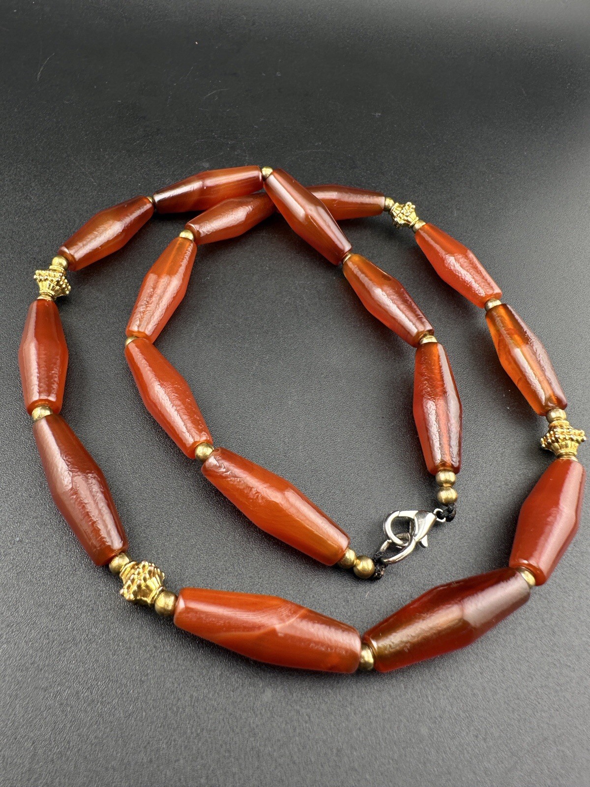 Vintage Agate Pipe Shape Beads Necklace Red Agate Rare With Gold Plated Beads