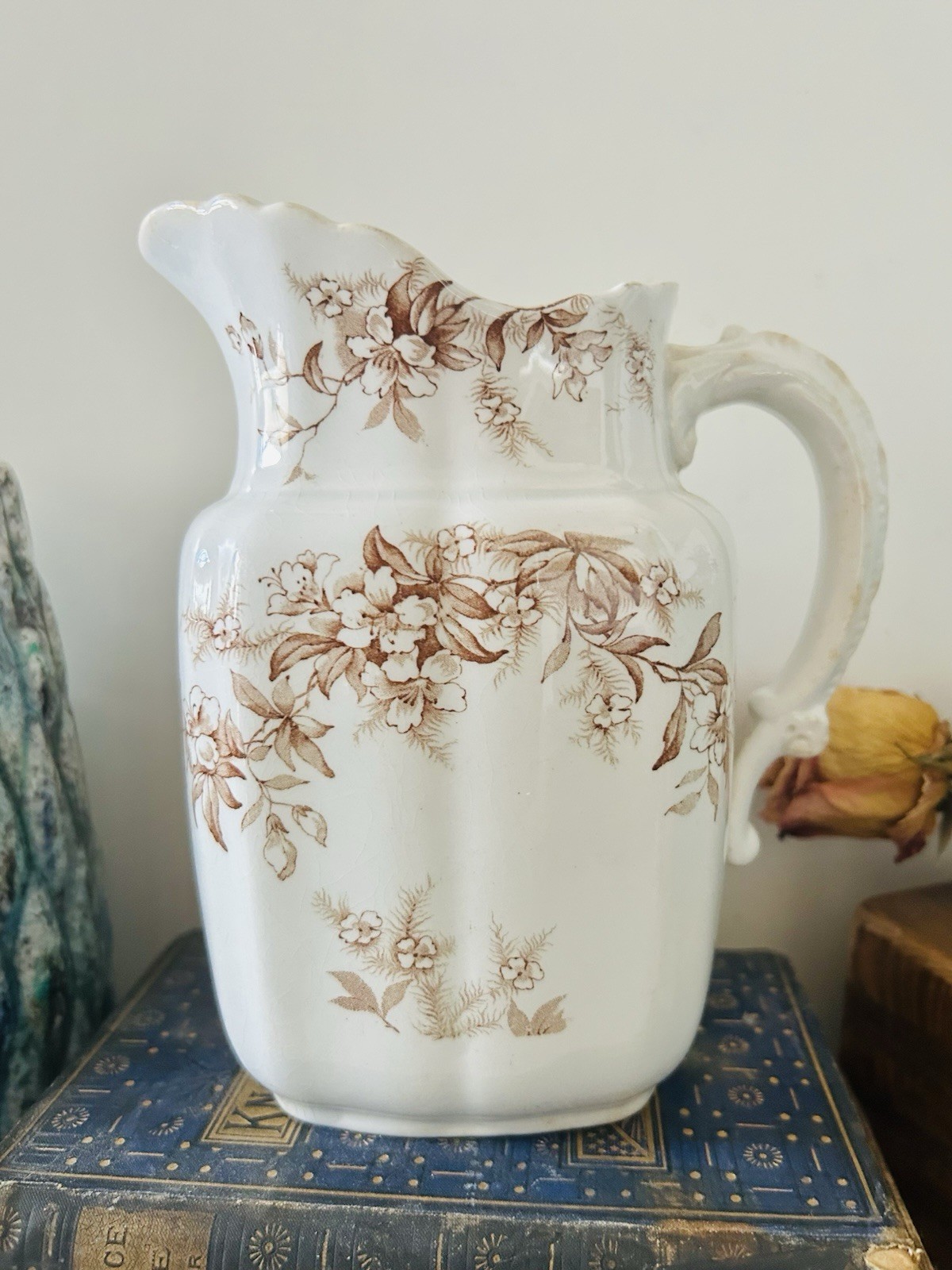 Woodland JHW Transfer Ware Pitcher Staffordshire England Vintage Antique