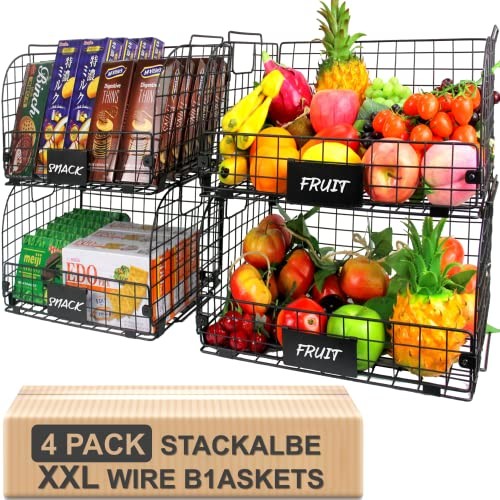 4 PACK XXL Stackable Wire Baskets for Storage Pantry,Fruit Basket For Kitchen 