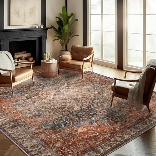 10'x14' Washable Area Rug Boho Chic Medallion Distressed Design Non-Shedding 
